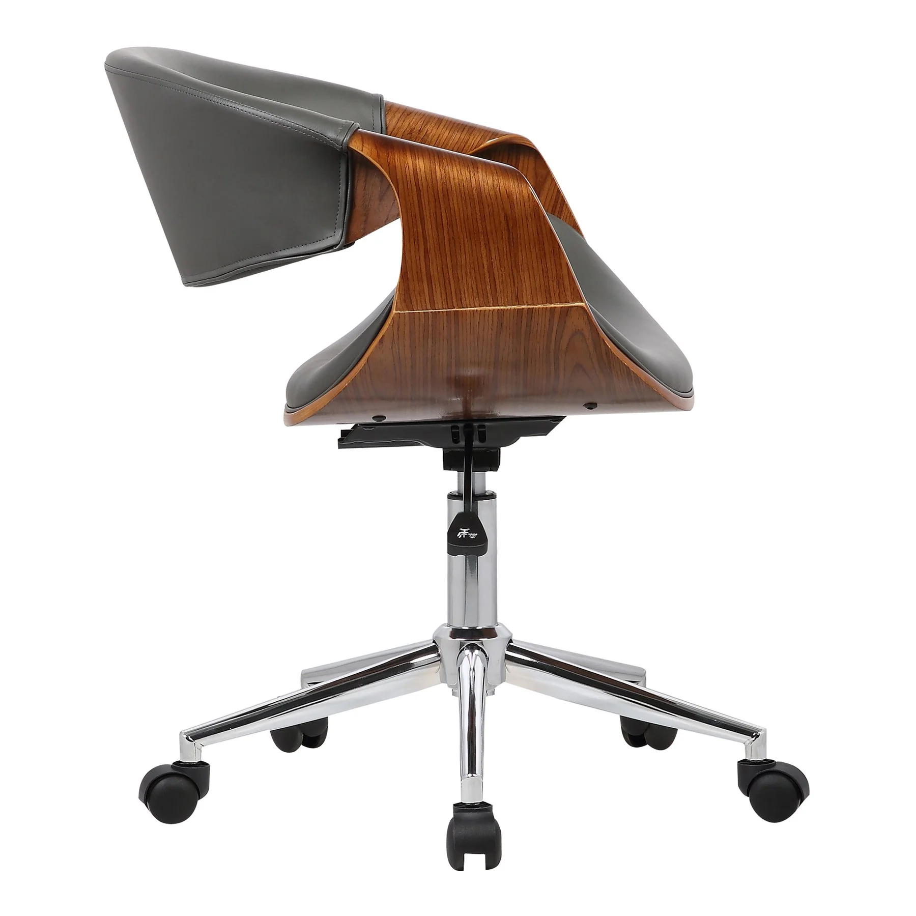 Geneva Mid-Century Office Chair in Chrome finish with Gray Faux Leather and Walnut Veneer Arms - Image 3