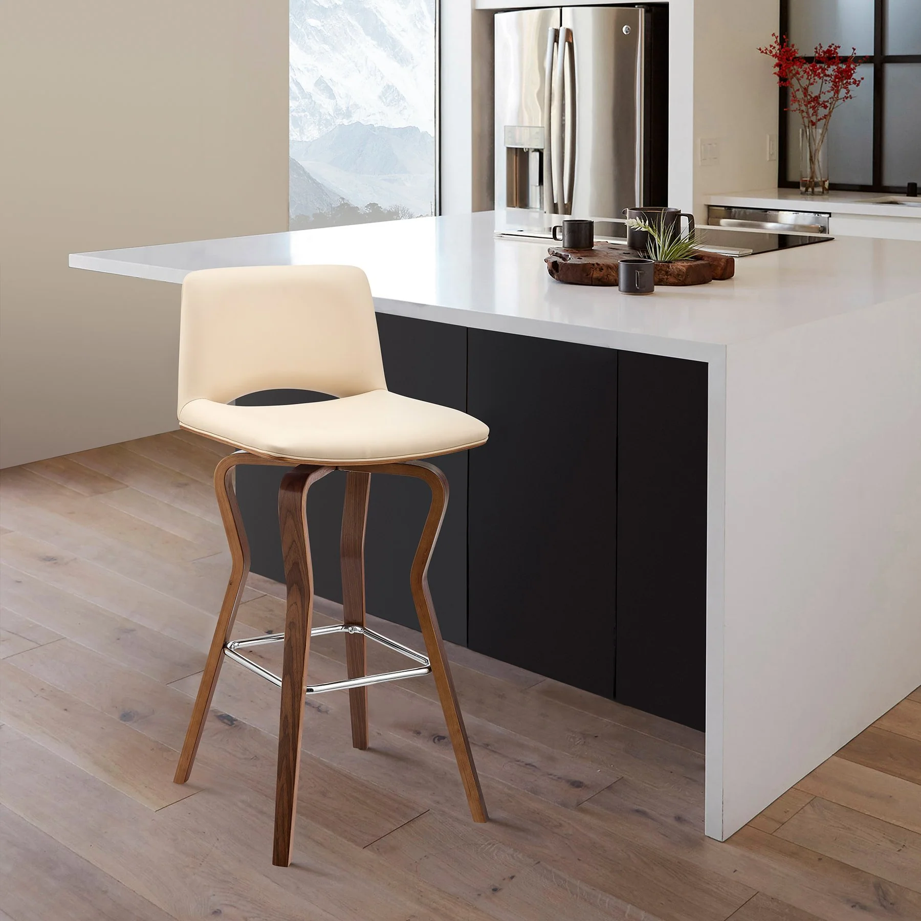 Gerty 26" Swivel Cream Faux Leather and Walnut Wood Bar Stool - Image 10