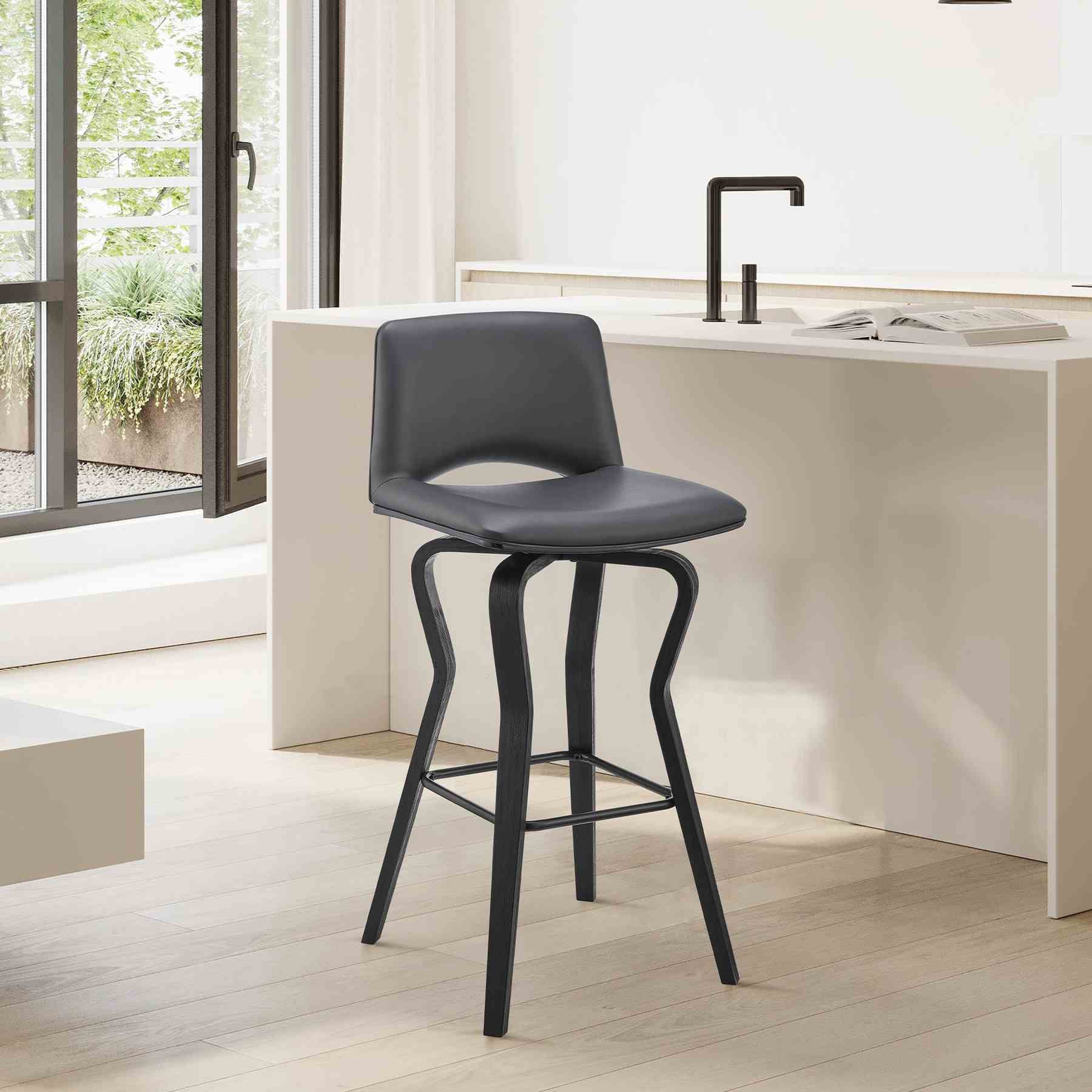 Gerty 26" Swivel Gray Faux Leather and Black Wood Bar Stool - Image 10