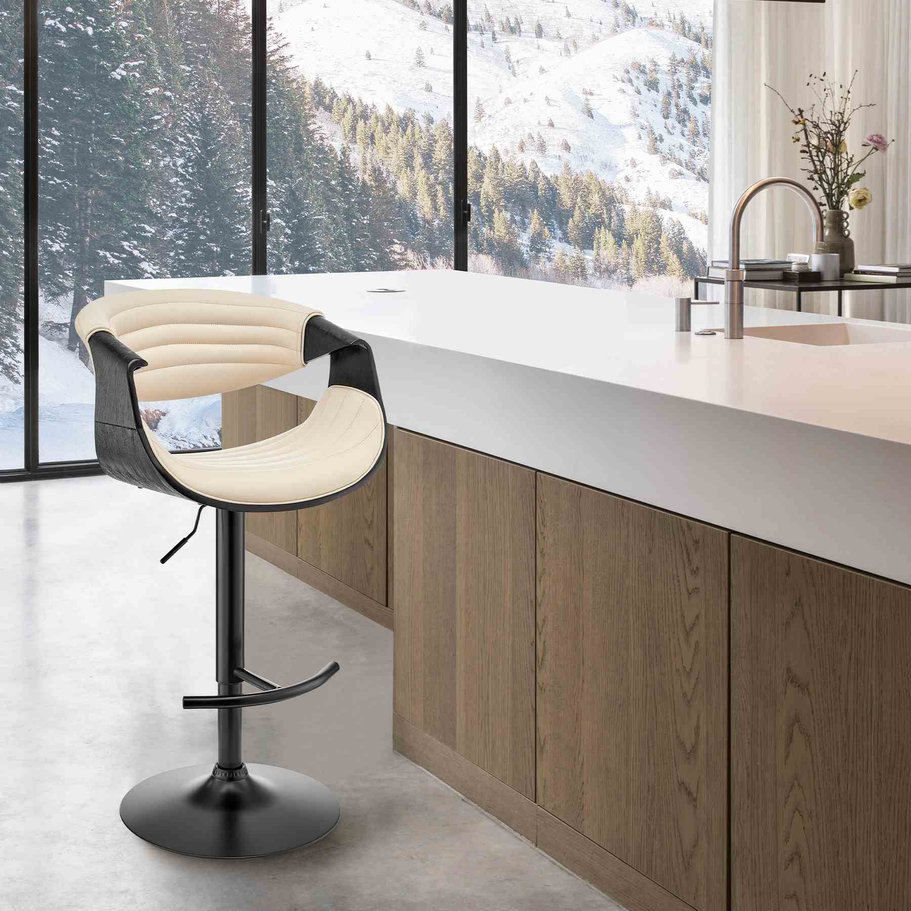 Gionni Adjustable Swivel Cream Faux Leather and Black Wood Bar Stool with Black Base - Image 10