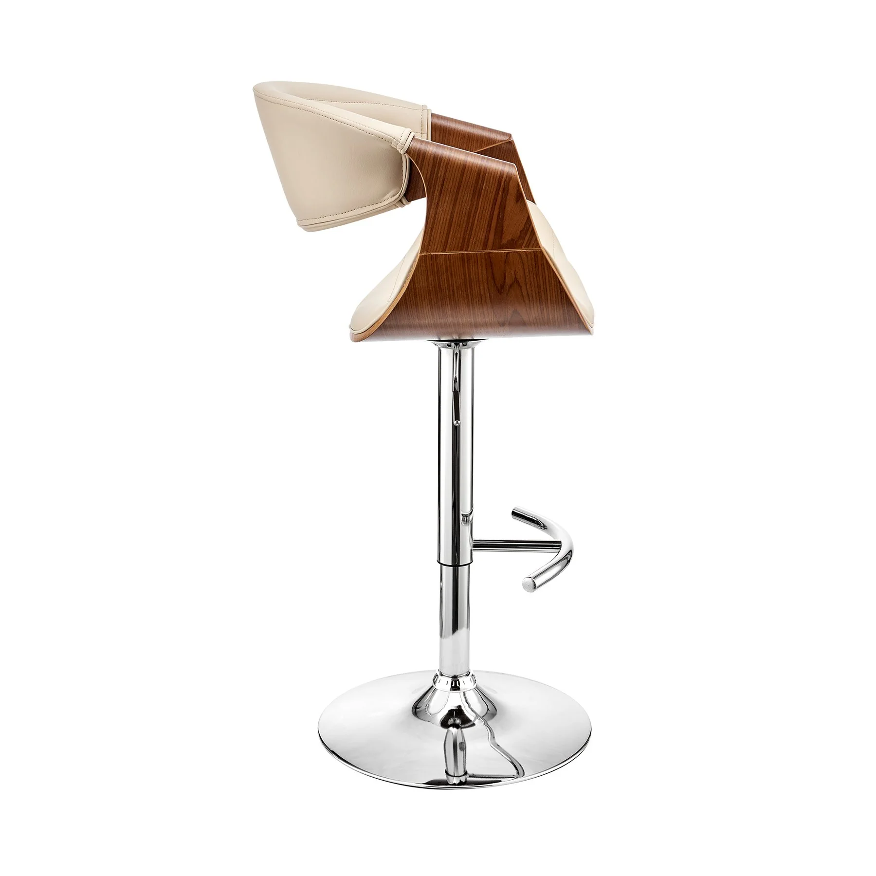 Gionni Adjustable Swivel Cream Faux Leather and Walnut Wood Bar Stool with Chrome Base - Image 3