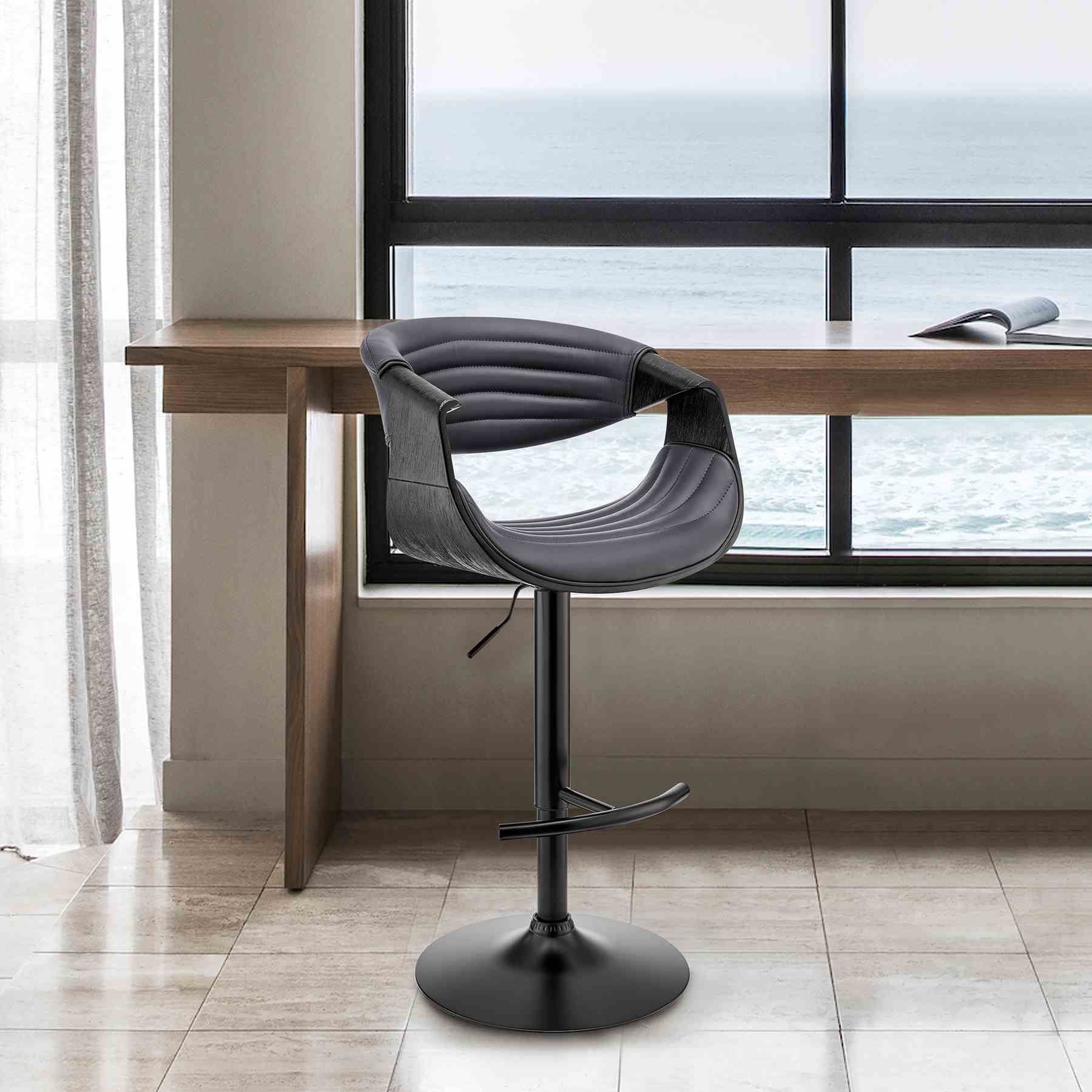 Gionni Adjustable Swivel Gray Faux Leather and Black Wood Bar Stool with Black Base - Image 10