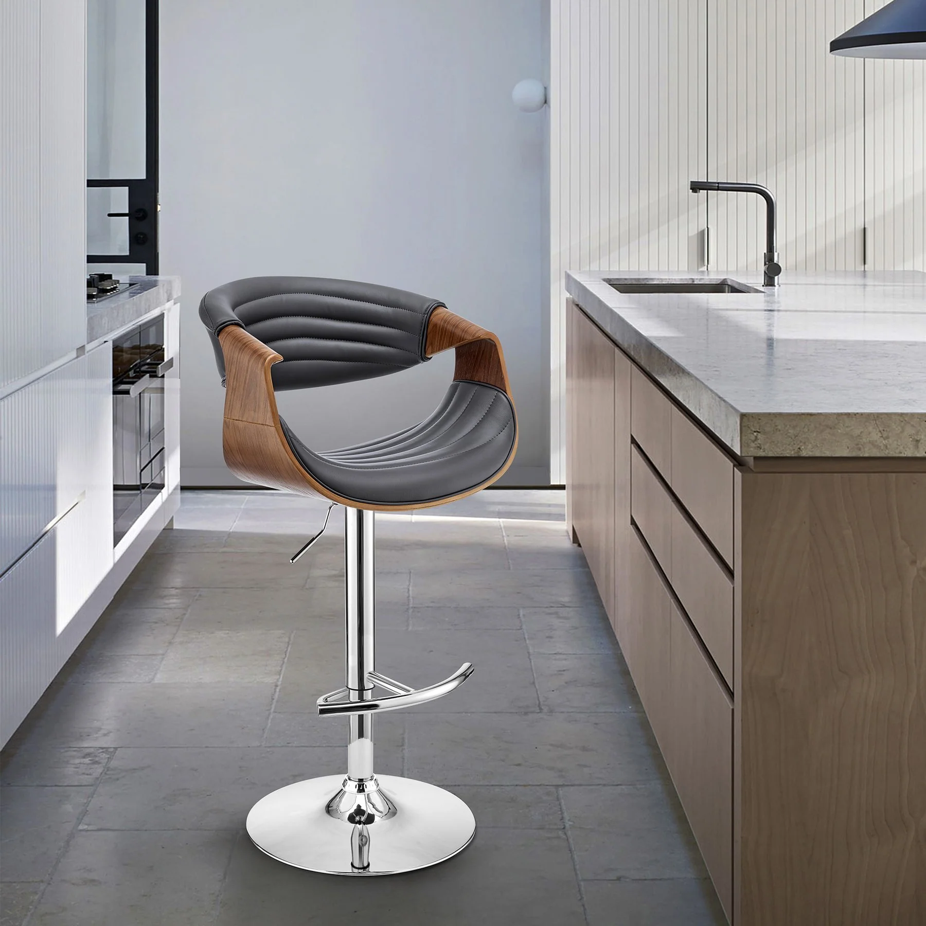 Gionni Adjustable Swivel Gray Faux Leather and Walnut Wood Bar Stool with Chrome Base - Image 10