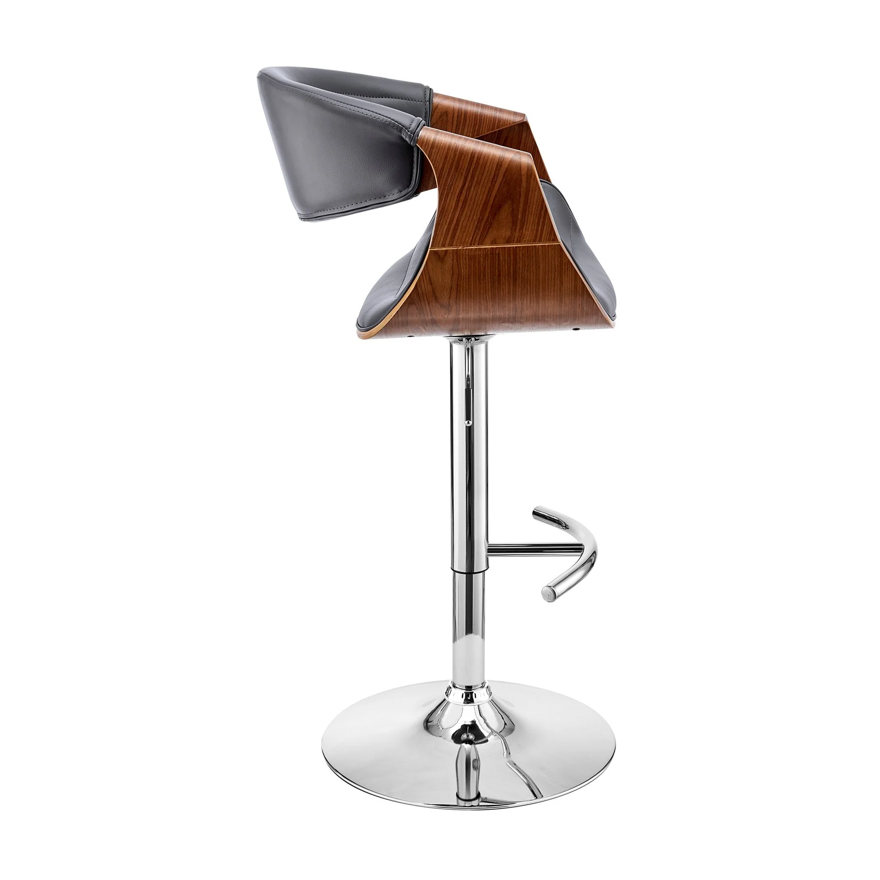 Gionni Adjustable Swivel Gray Faux Leather and Walnut Wood Bar Stool with Chrome Base - Image 3