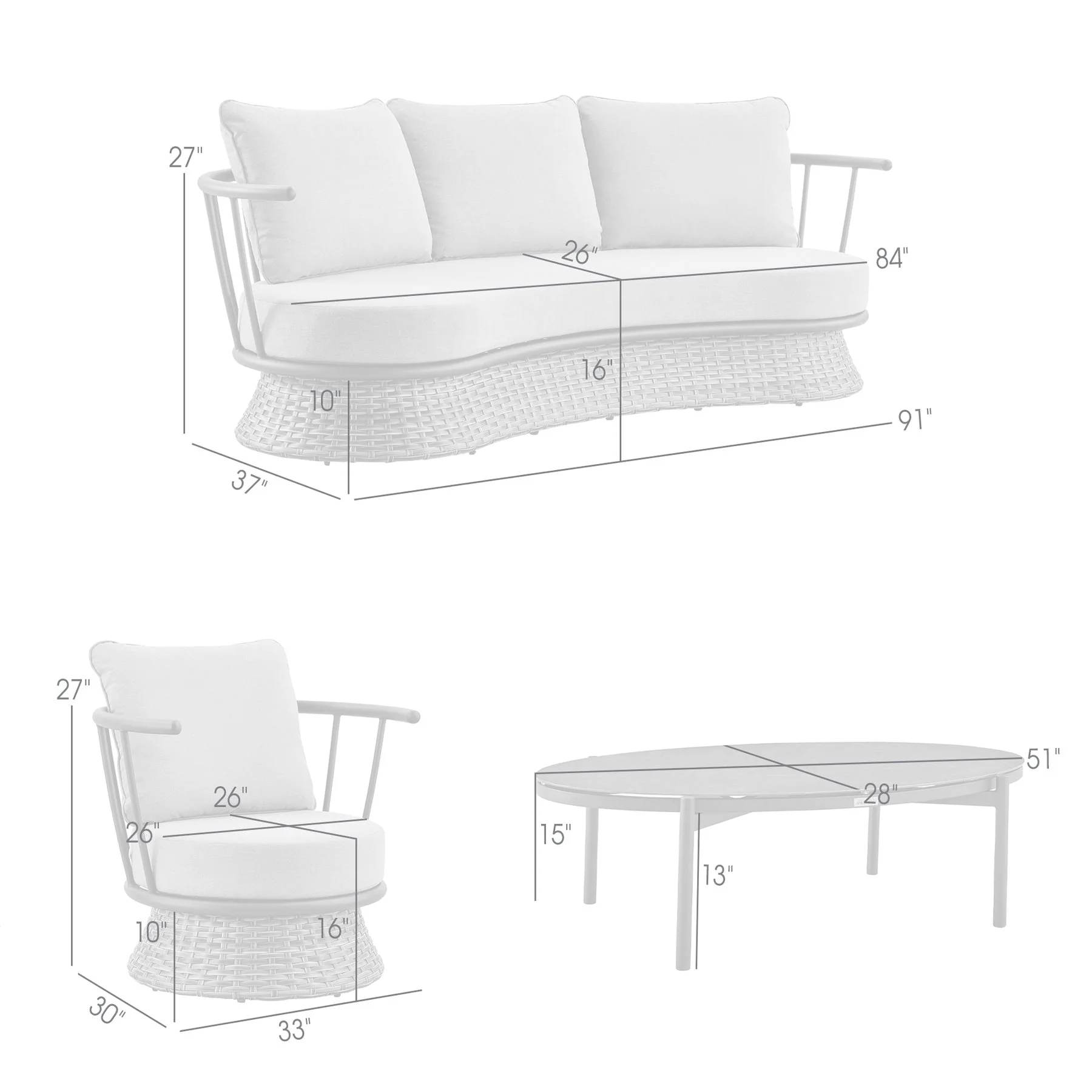 Giotto 4 Piece Outdoor Patio Furniture Set in Black Aluminum and Gray Wicker with Gray Cushions - Image 14