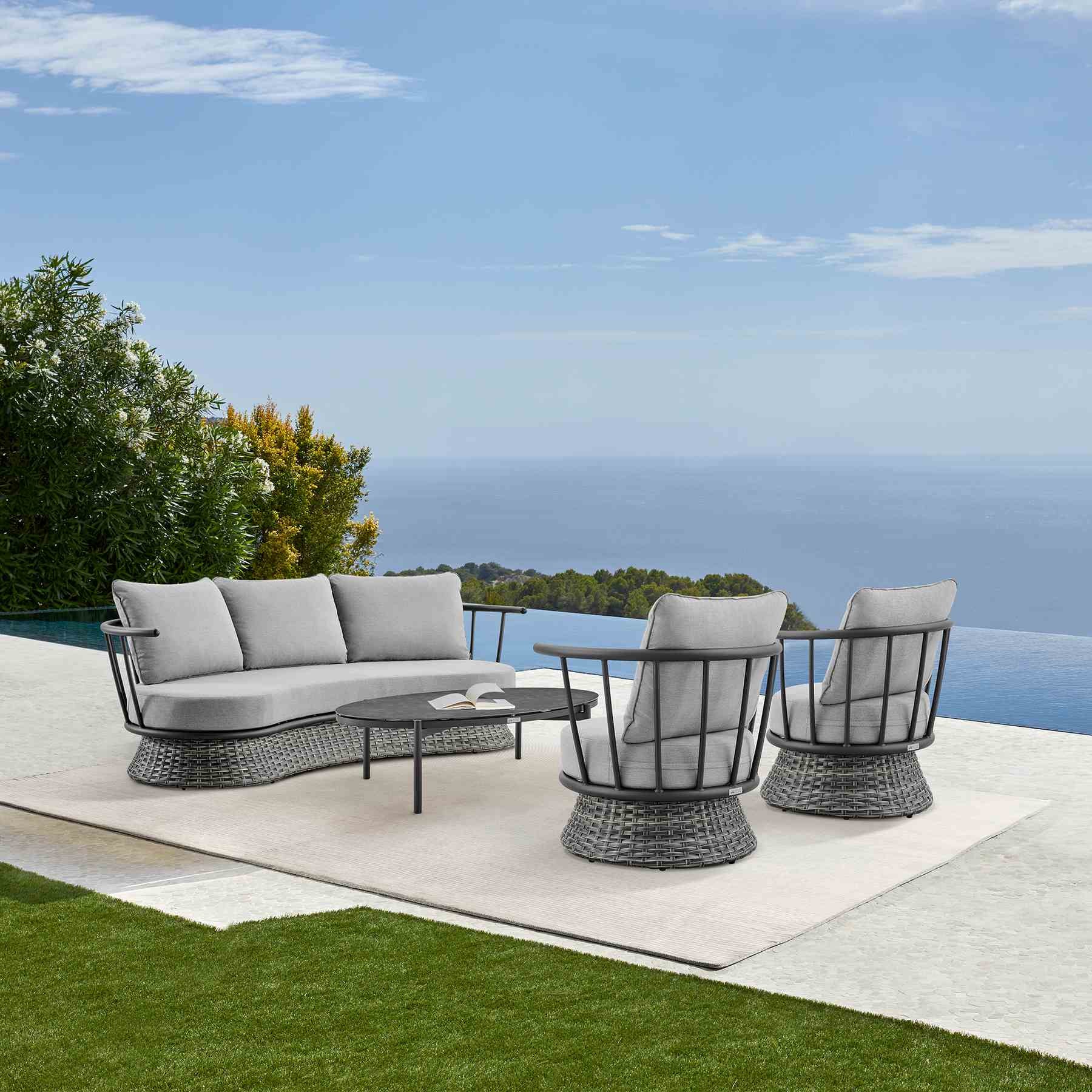 Giotto 4 Piece Outdoor Patio Furniture Set in Black Aluminum and Gray Wicker with Gray Cushions - Image 15