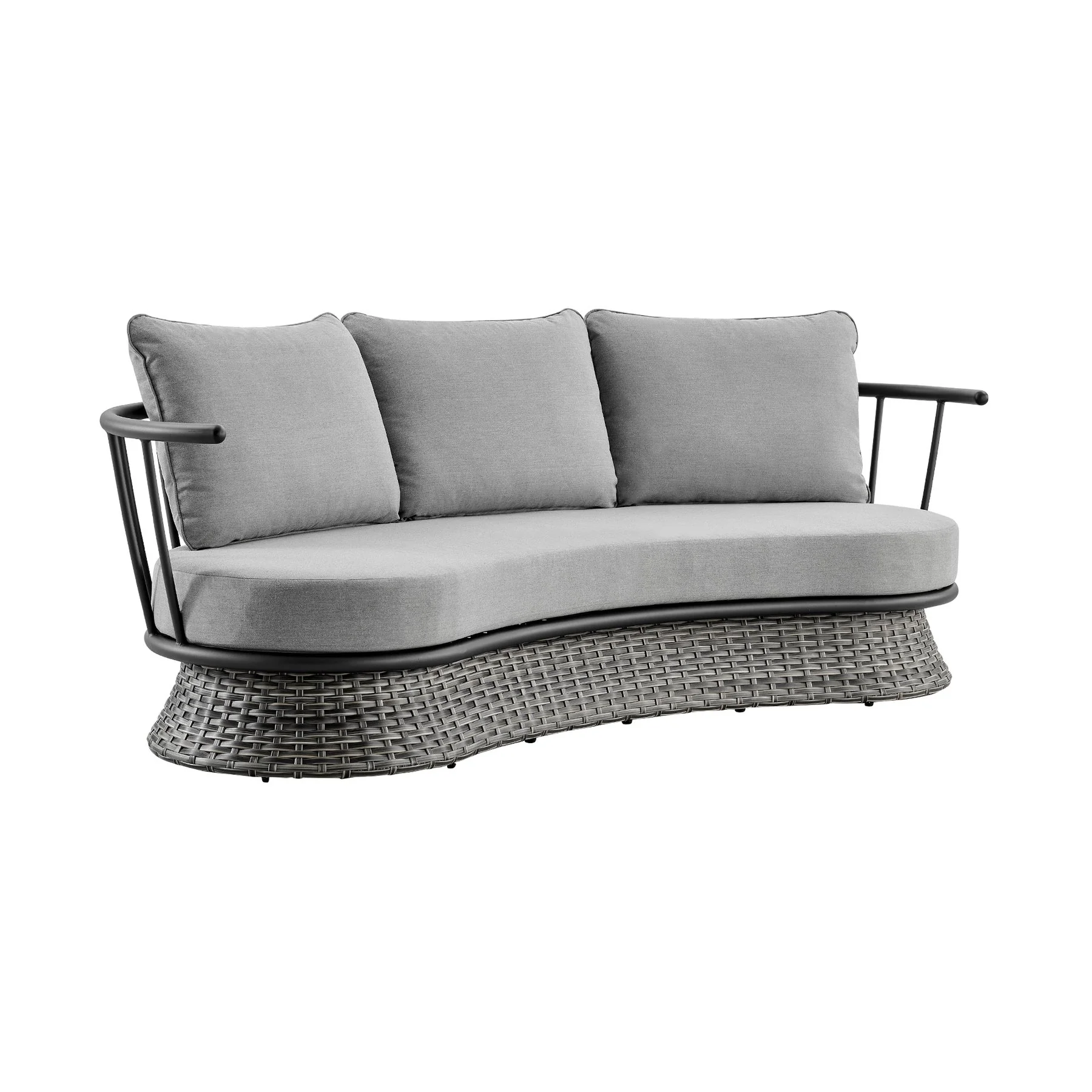 Giotto 4 Piece Outdoor Patio Furniture Set in Black Aluminum and Gray Wicker with Gray Cushions - Image 2