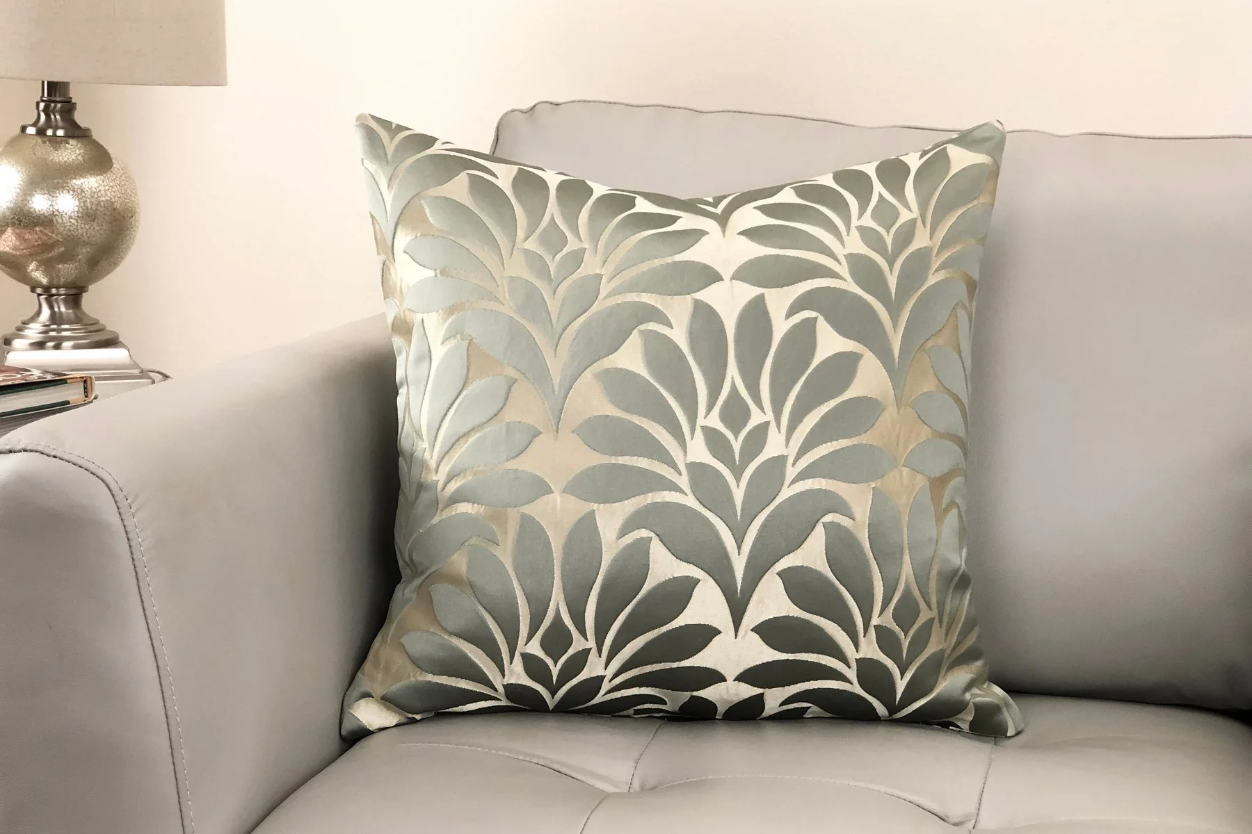 Gisela Contemporary Decorative Feather and Down Throw Pillow In Jade Jacquard Fabric - Image 2