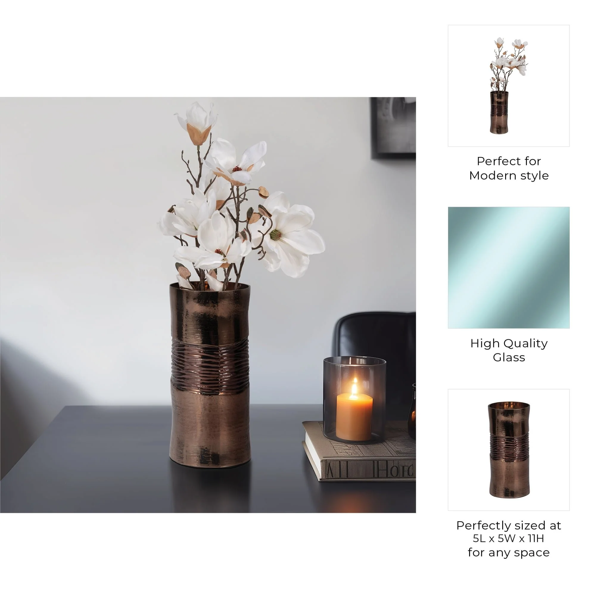 Glass, 11" Textured Enamel Vase, Bronze - Image 9