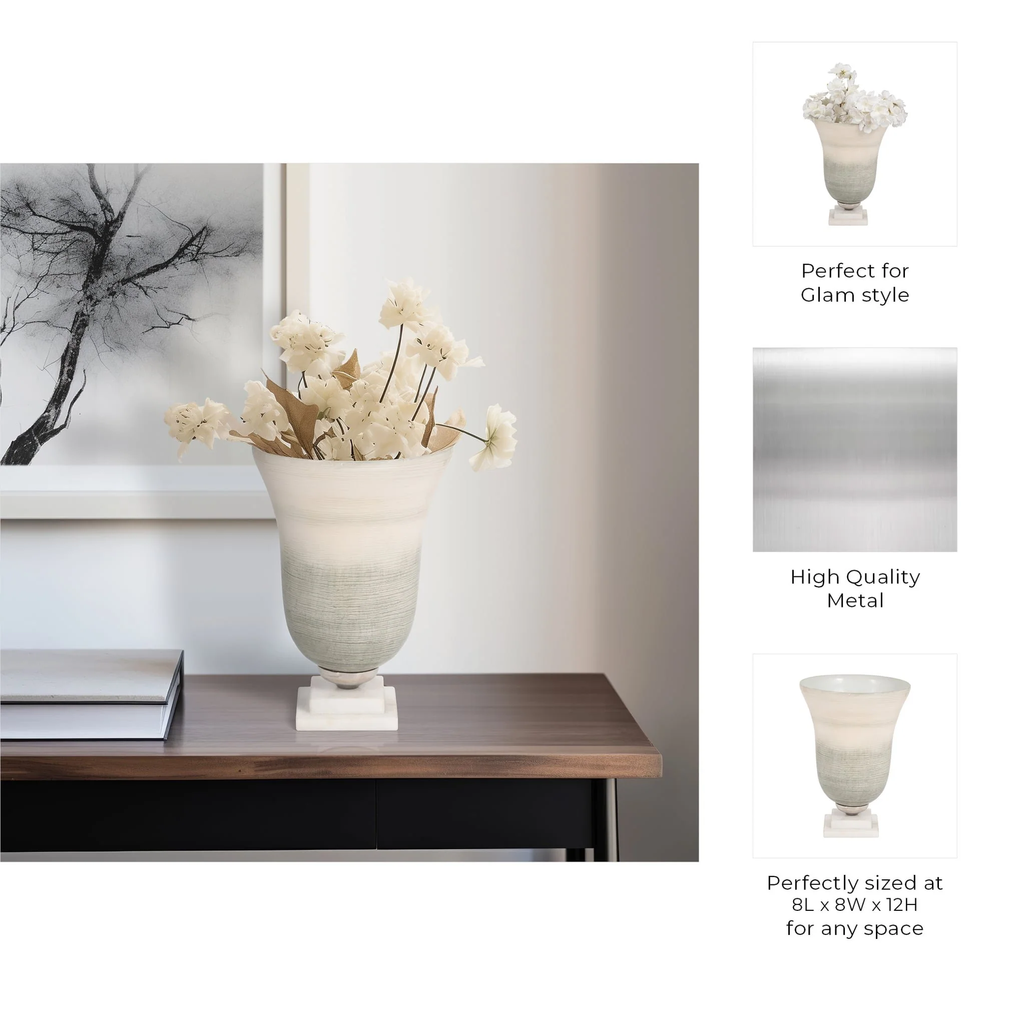 Glass, 12" Vase On Marble Base, Sage/ivory Kd - Image 10