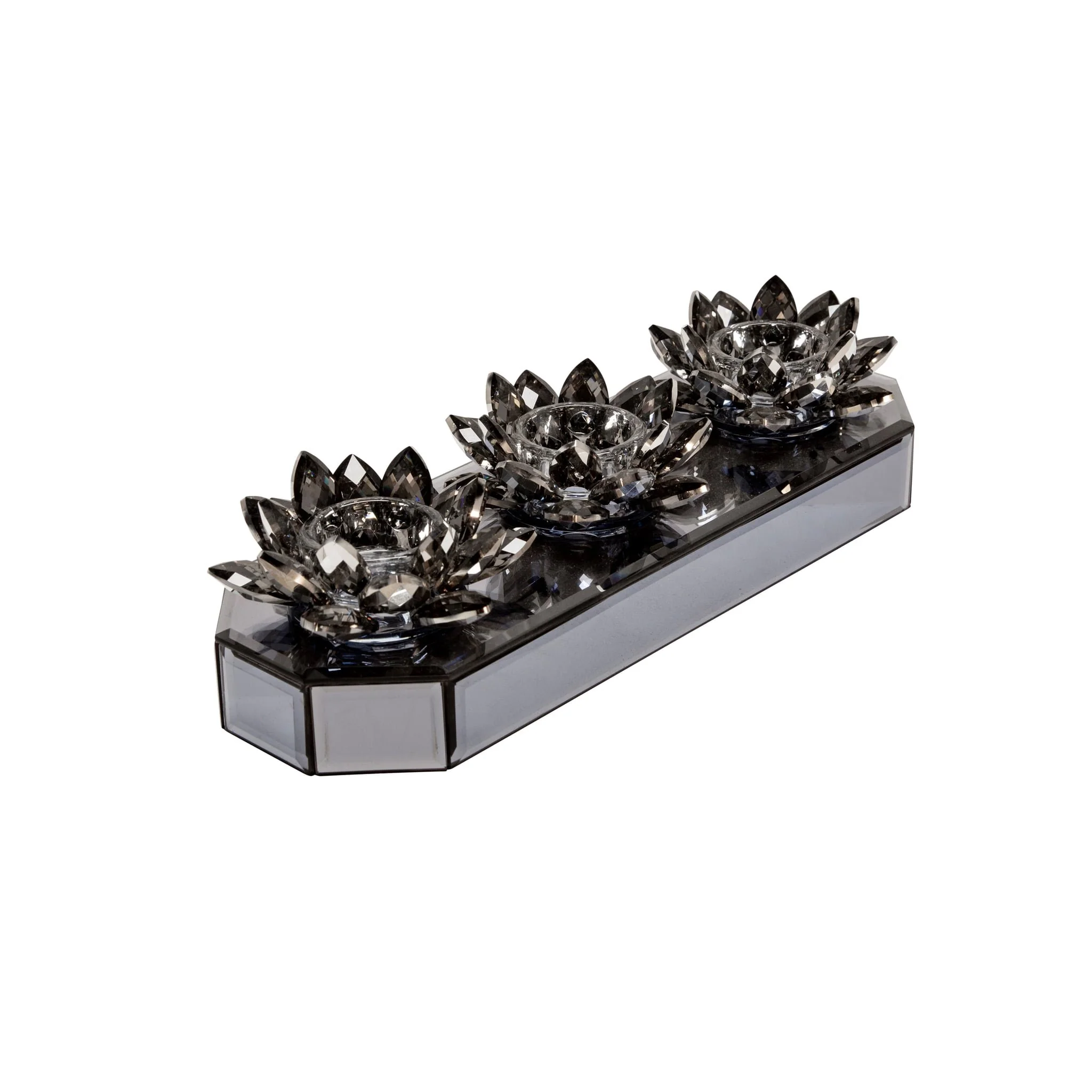 Glass 13" 3 Lotus Mirrored Candle Holder, Black - Image 3