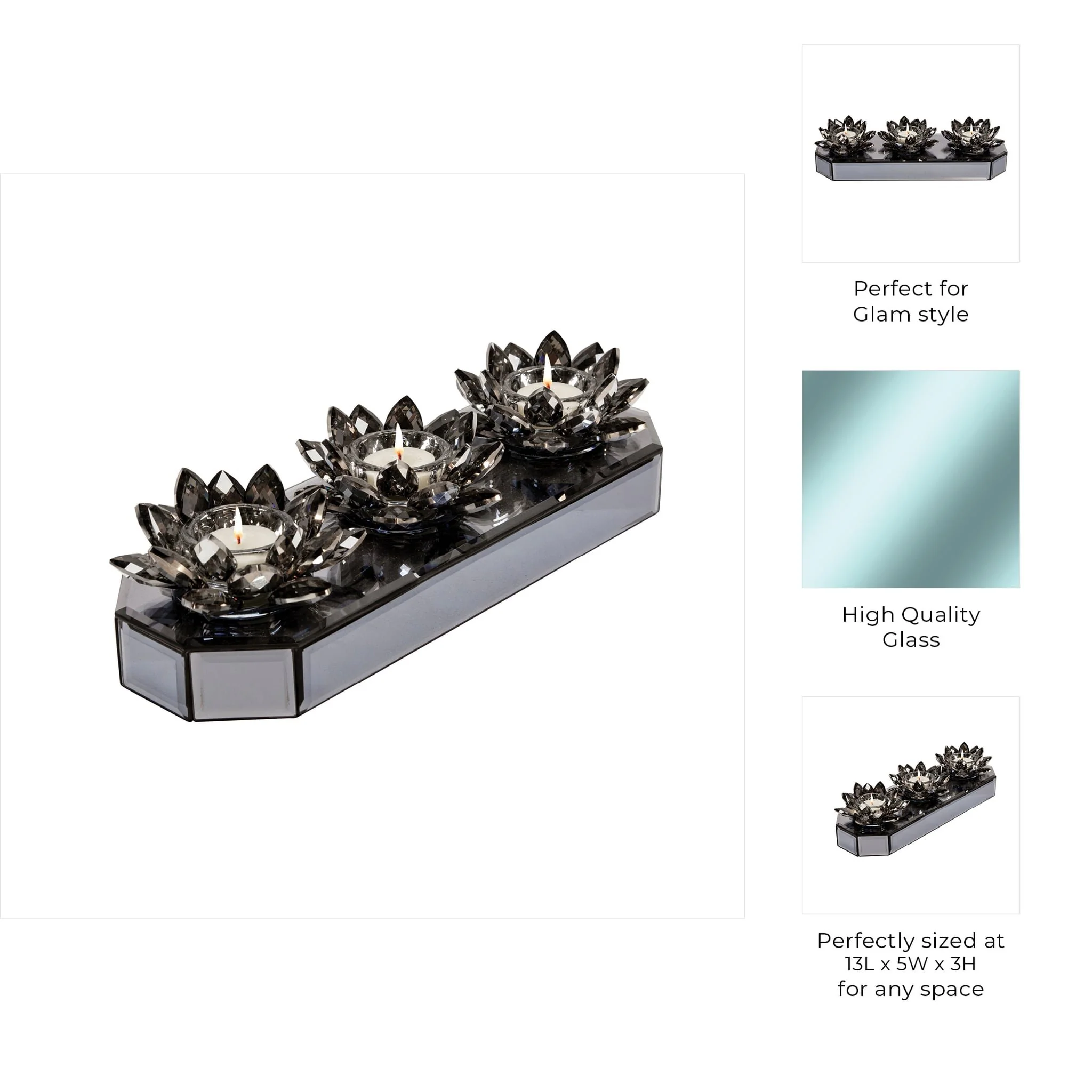Glass 13" 3 Lotus Mirrored Candle Holder, Black - Image 8
