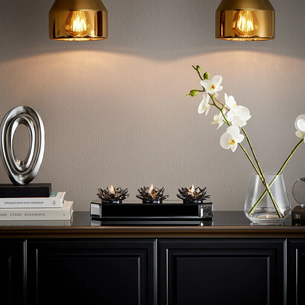 Glass 13" 3 Lotus Mirrored Candle Holder, Black - Image 9