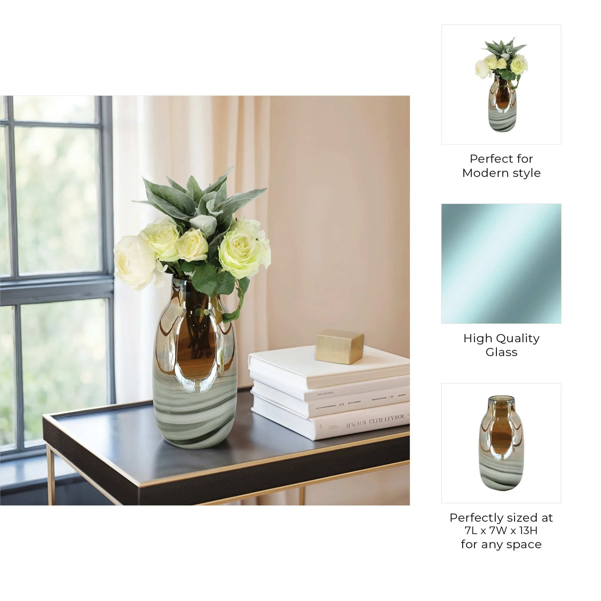 Glass 13"h Metallic Vase, Gray/gold - Image 9