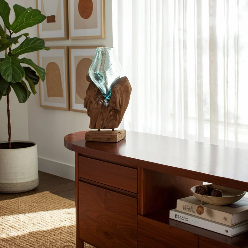 Glass 13"h Vase In Wood Stand, Brown - Image 11