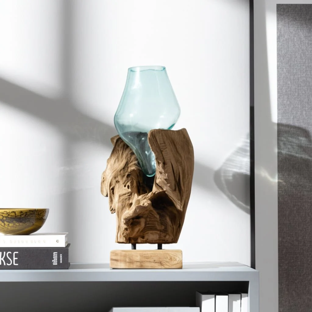 Glass 13"h Vase In Wood Stand, Brown - Image 12