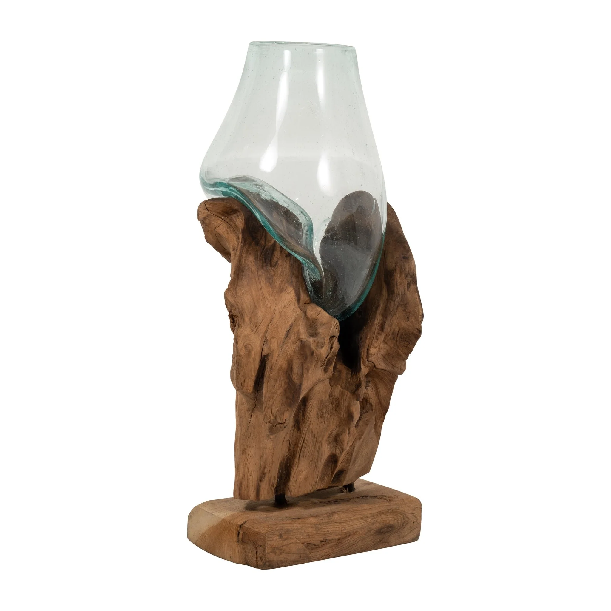 Glass 13"h Vase In Wood Stand, Brown - Image 2