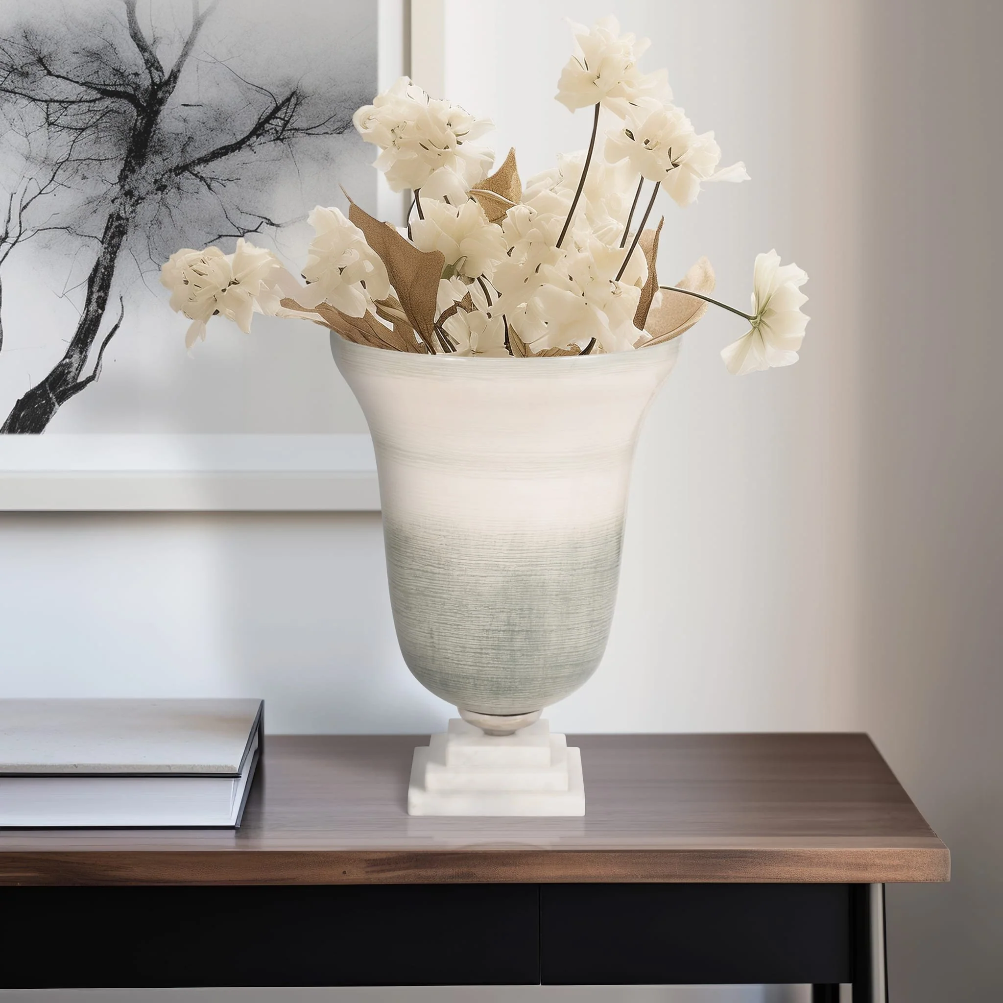 Glass, 14" Vase On Marble Base, Sage/ivory Kd - Image 11