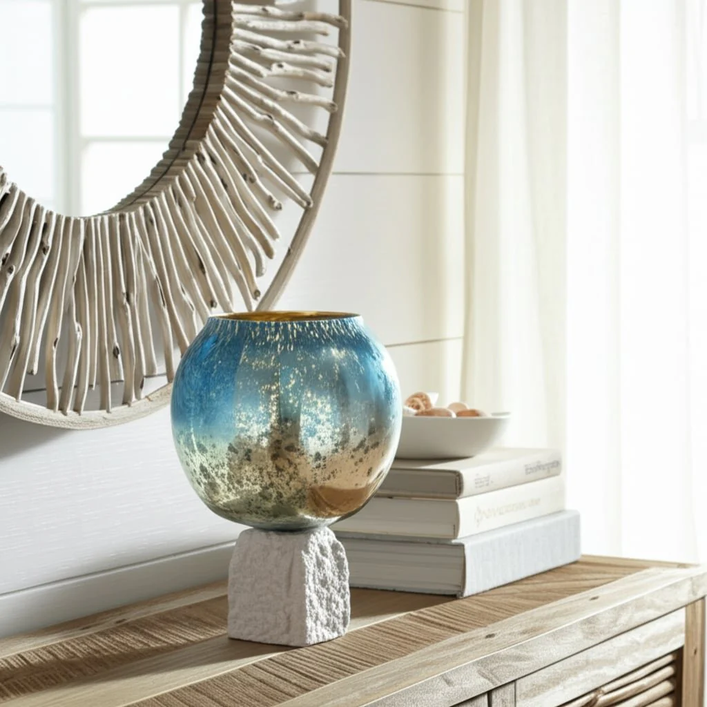 Glass, 15" Bowl Pillar Holder Marble Base, Aqua/wh - Image 10