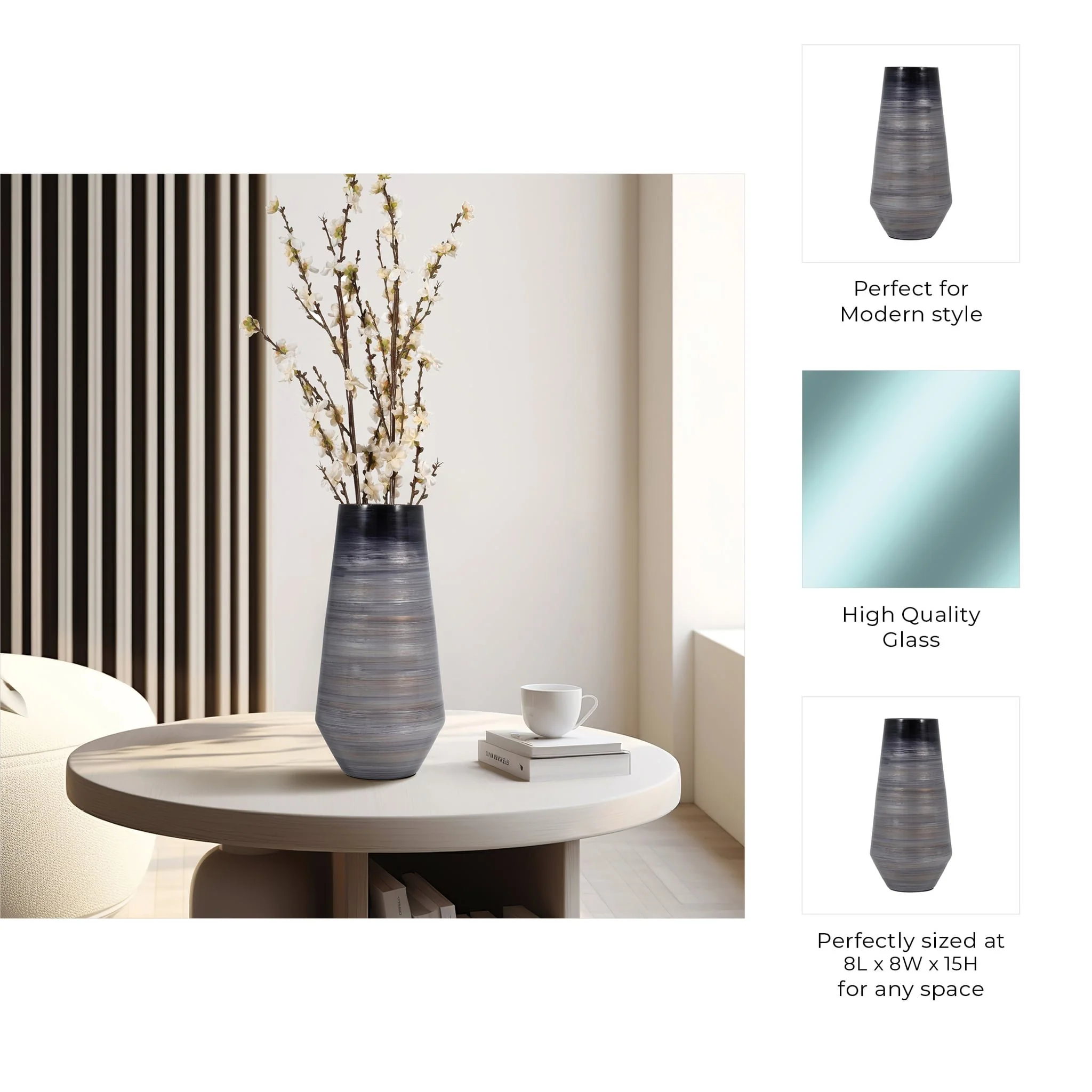 Glass, 15" Enameled Vase, Gray/black - Image 9