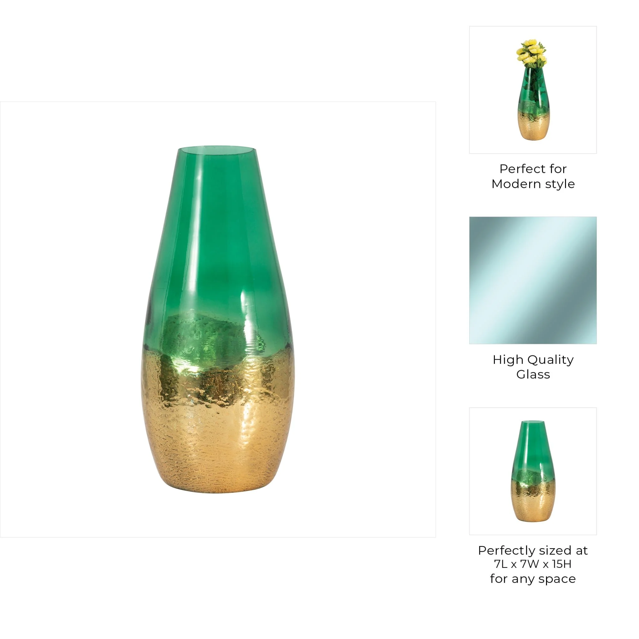 Glass, 15" Gold Dipped Vase, Green - Image 9