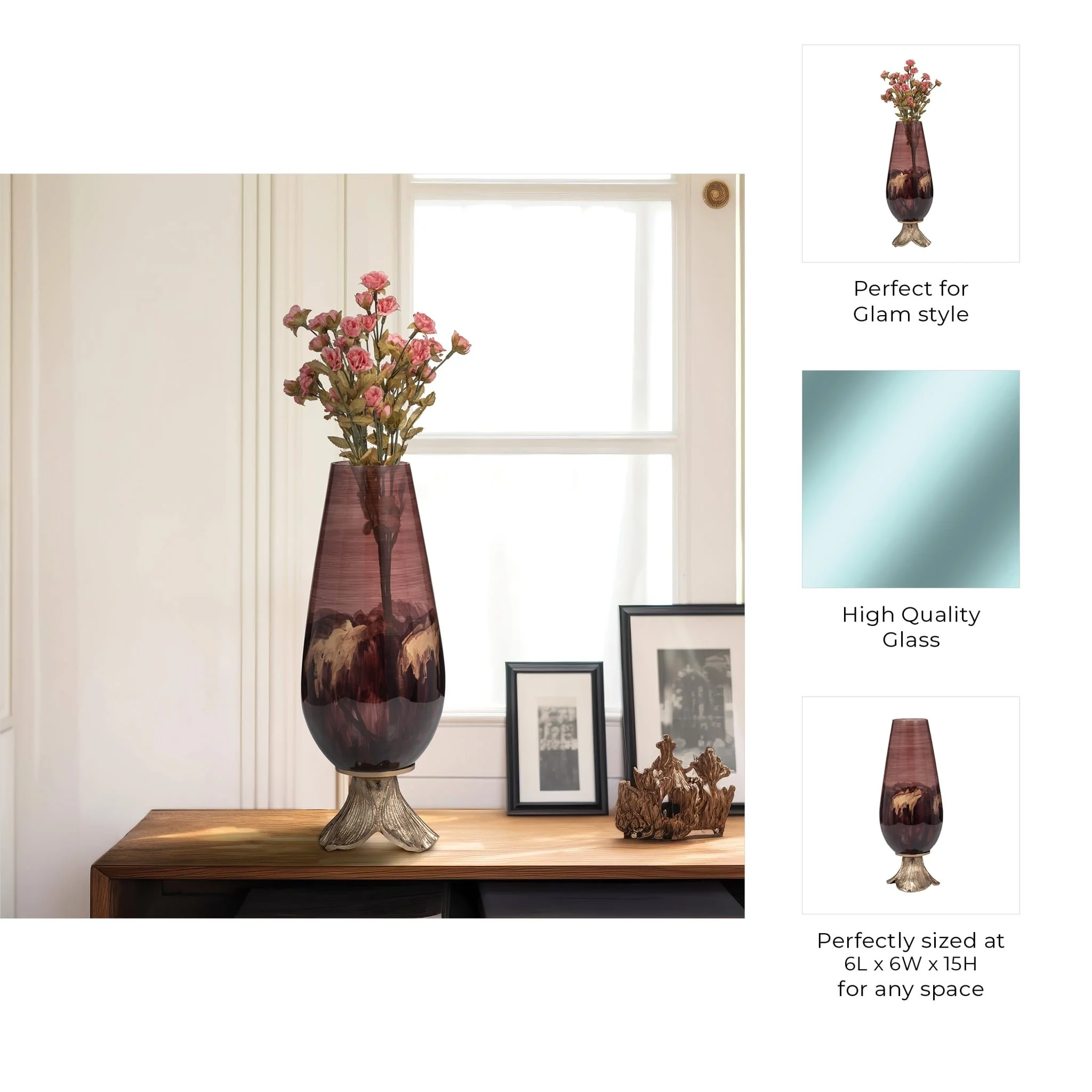 Glass, 15" Vase W/ Leaf Base, Bronze - Image 10