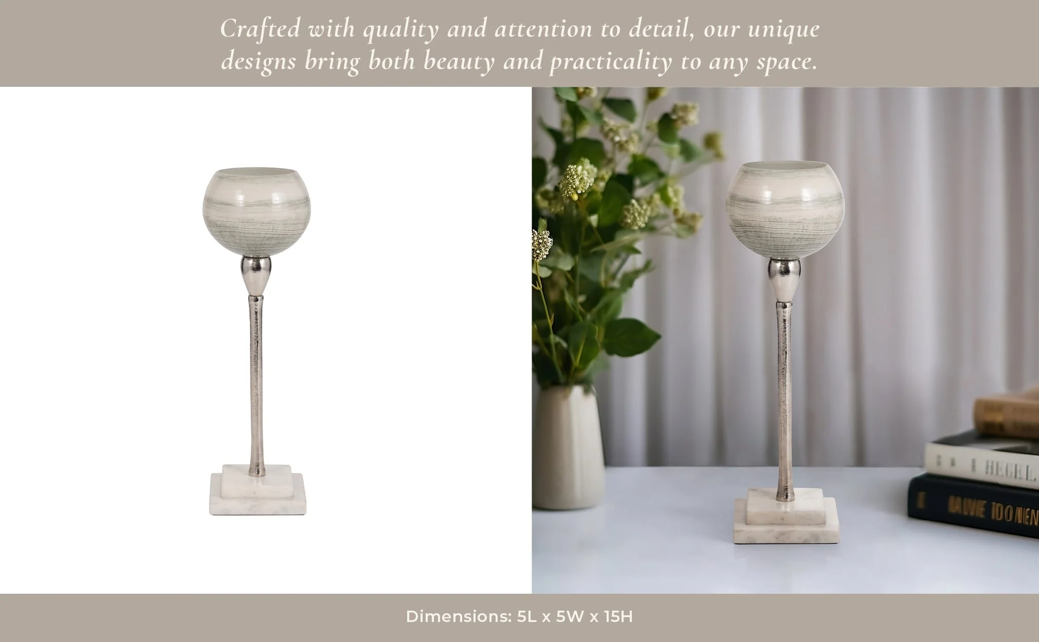 Glass, 15" Votive Holder W Marble Stand, Sage/silv - Image 11