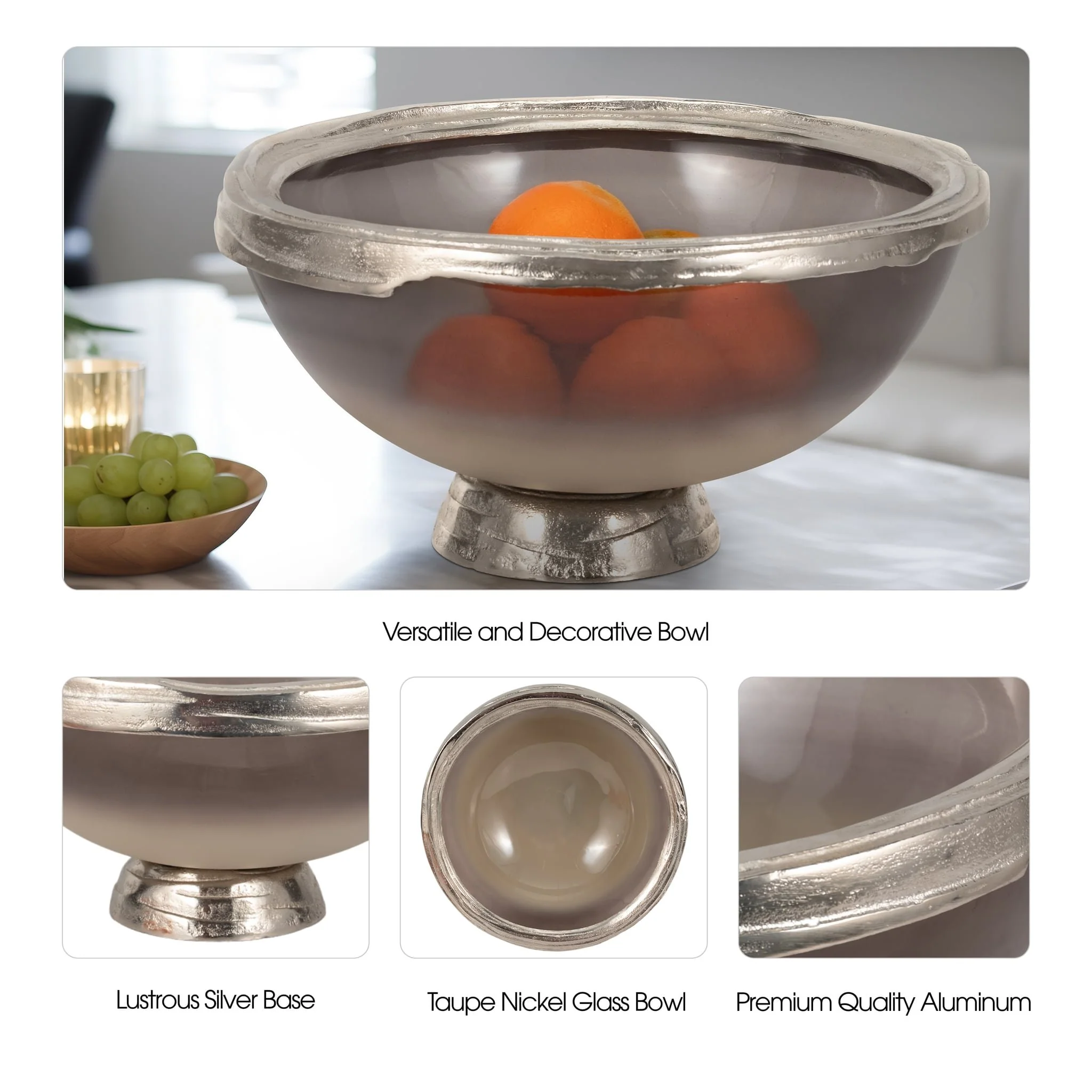 Glass, 15"d Bowl W/ Silver Base, Taupe Nickel - Image 8