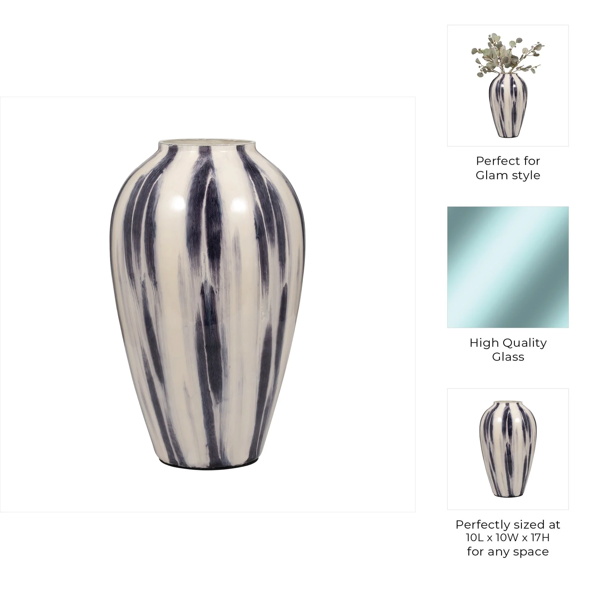 Glass, 17" Striped Vase, Black/white - Image 8