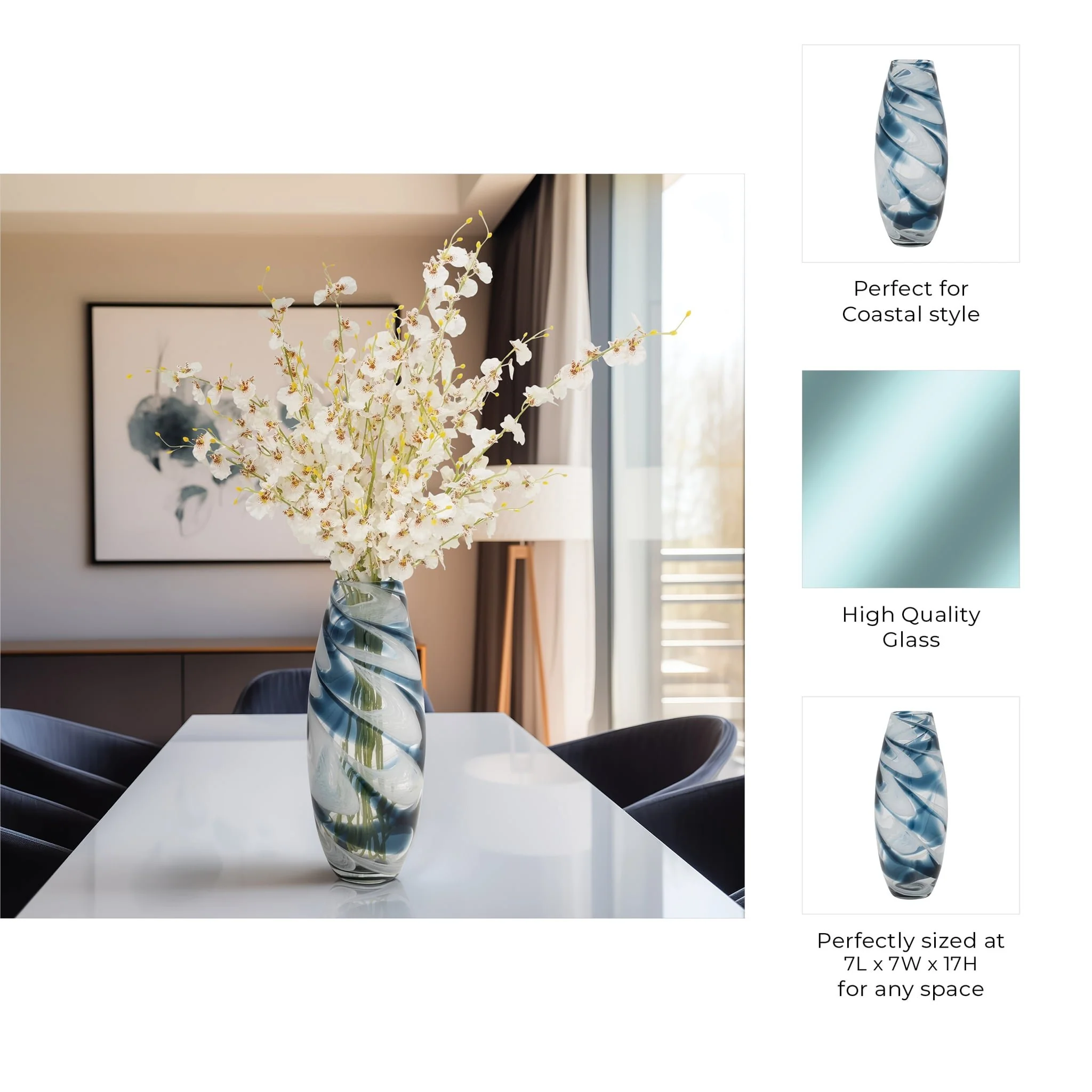 Glass, 17" Swirl Vase, Blue - Image 9