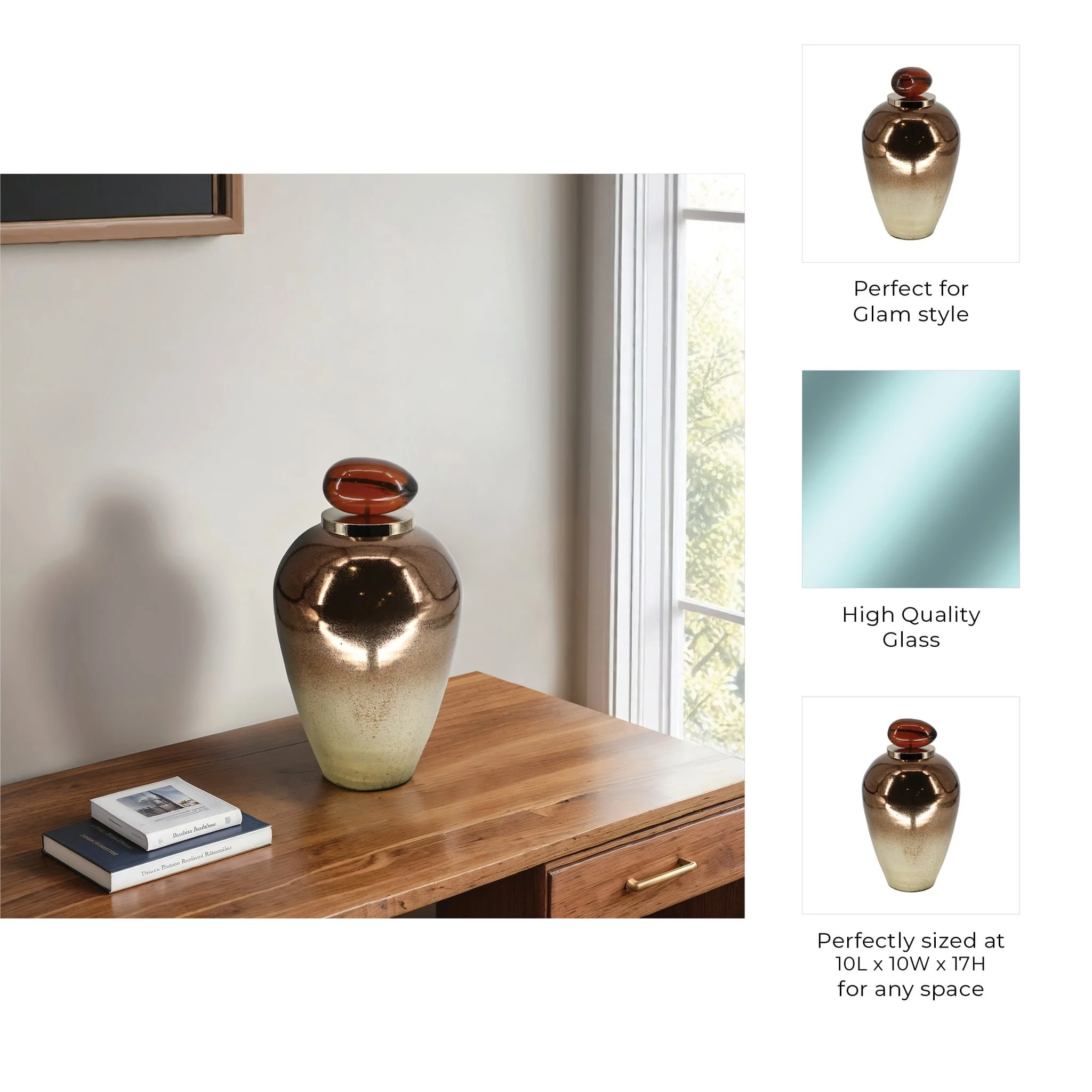 Glass, 17" Temple Vase W/ Resin Topper, Copper - Image 9