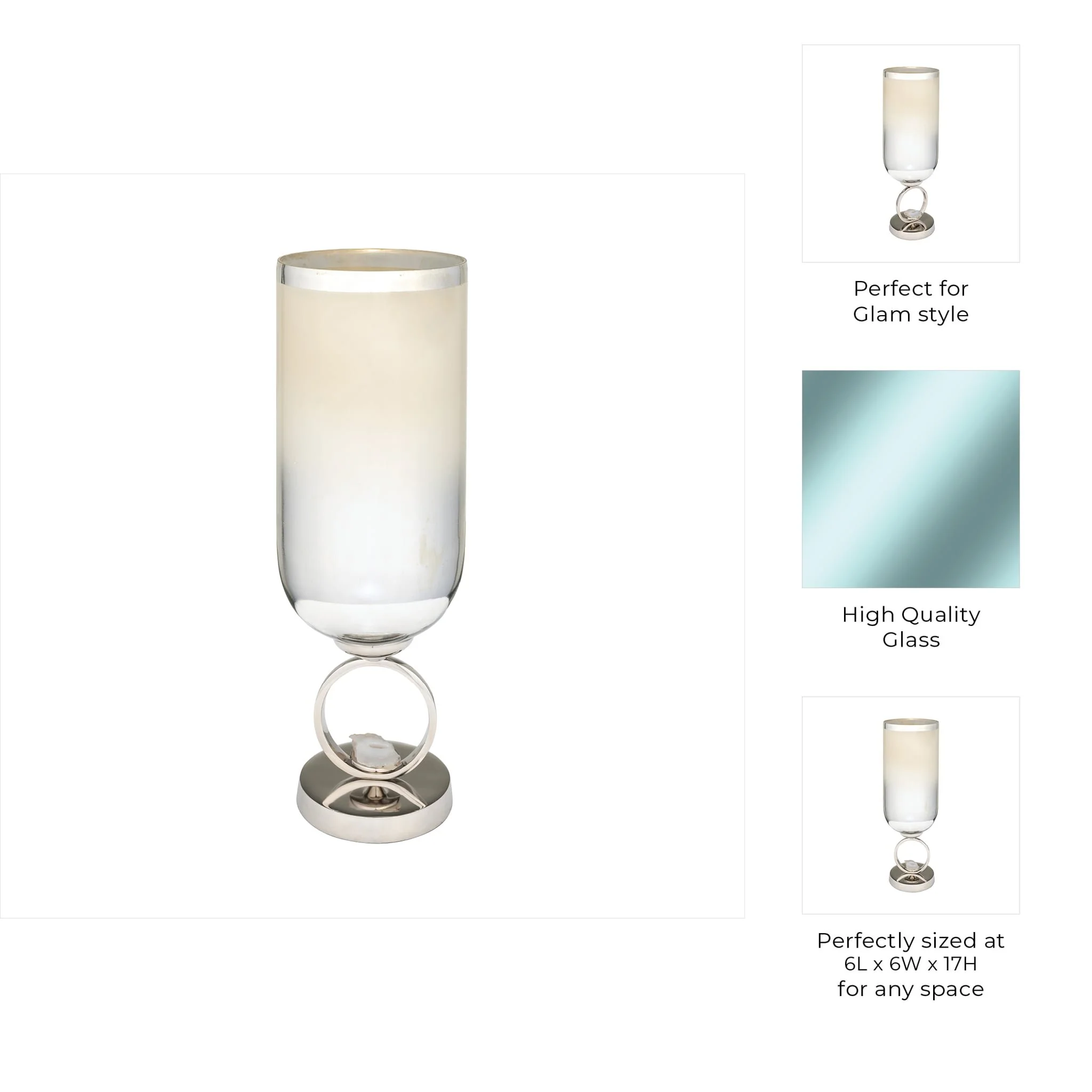 Glass, 17" Vase W/ Metal Base Stone Accent, Pearl - Image 9