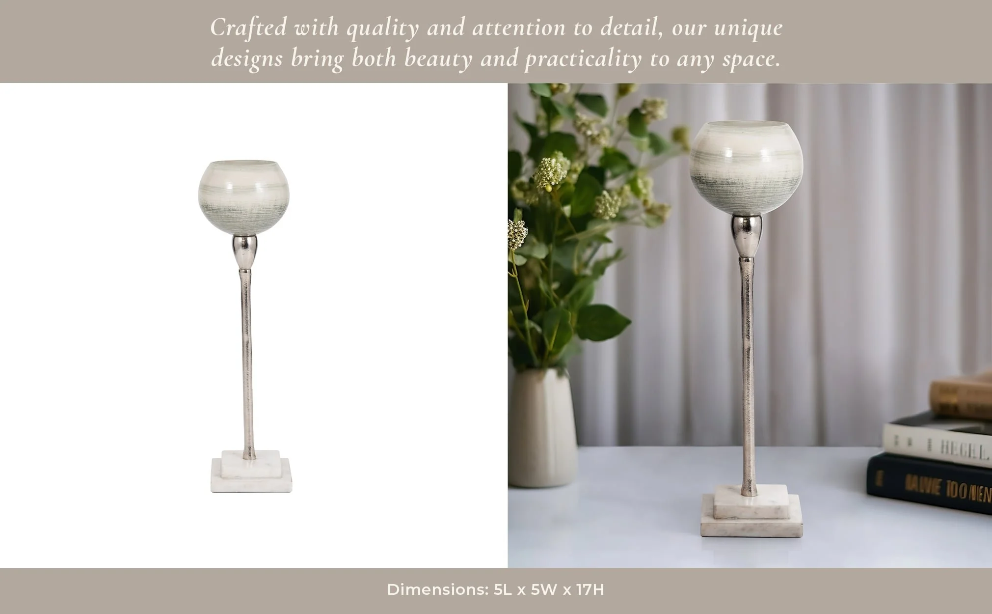 Glass, 17" Votive Holder W Marble Stand, Sage/silv - Image 11