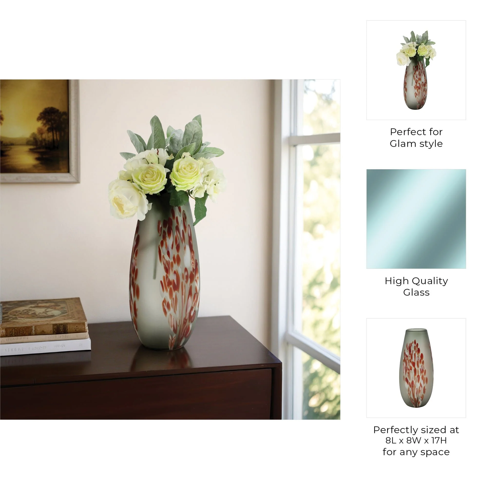 Glass, 17''h, Frosted Vase With Red Detail-gray - Image 9