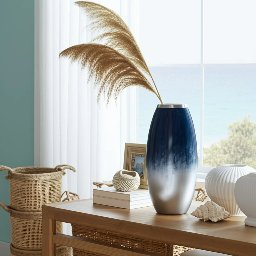 Glass,18"h Vase W/metal Rim, Blue/wht Ombre - Image 9