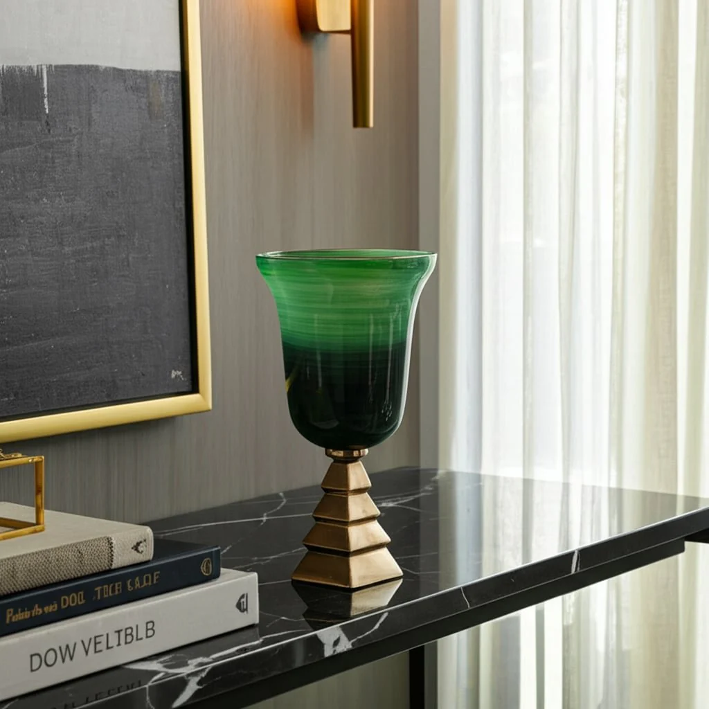 Glass, 19" 5th Ave Vase On Stand, Green/gold - Image 11
