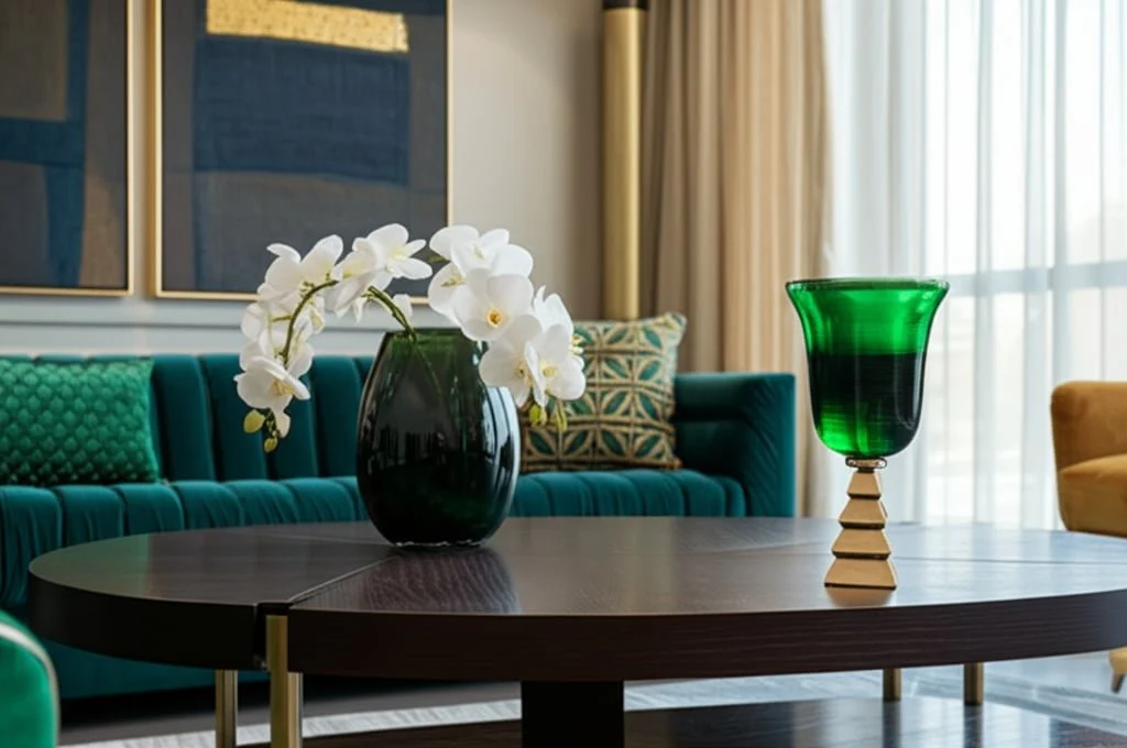 Glass, 19" 5th Ave Vase On Stand, Green/gold - Image 13