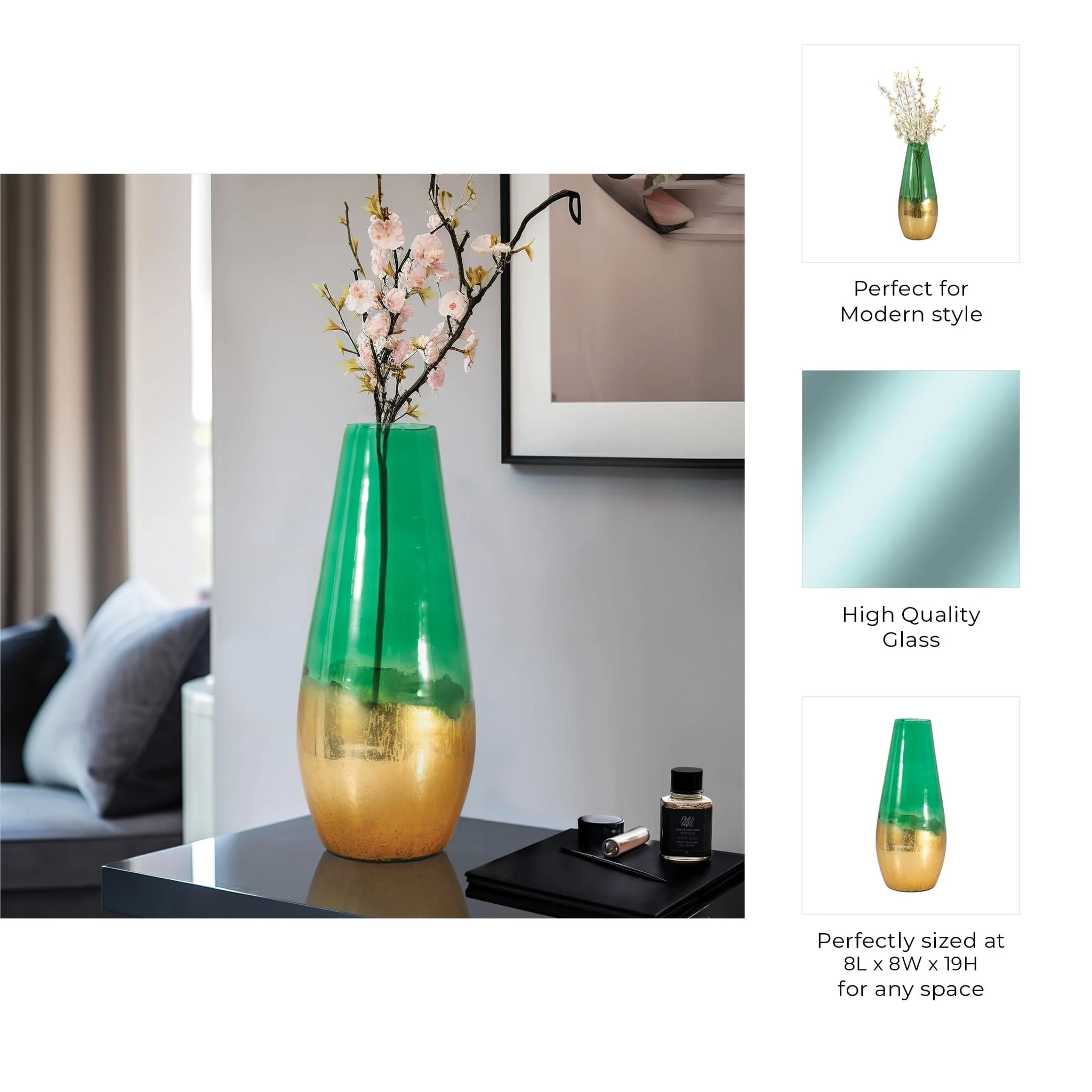Glass, 19" Gold Dipped Vase, Green - Image 9