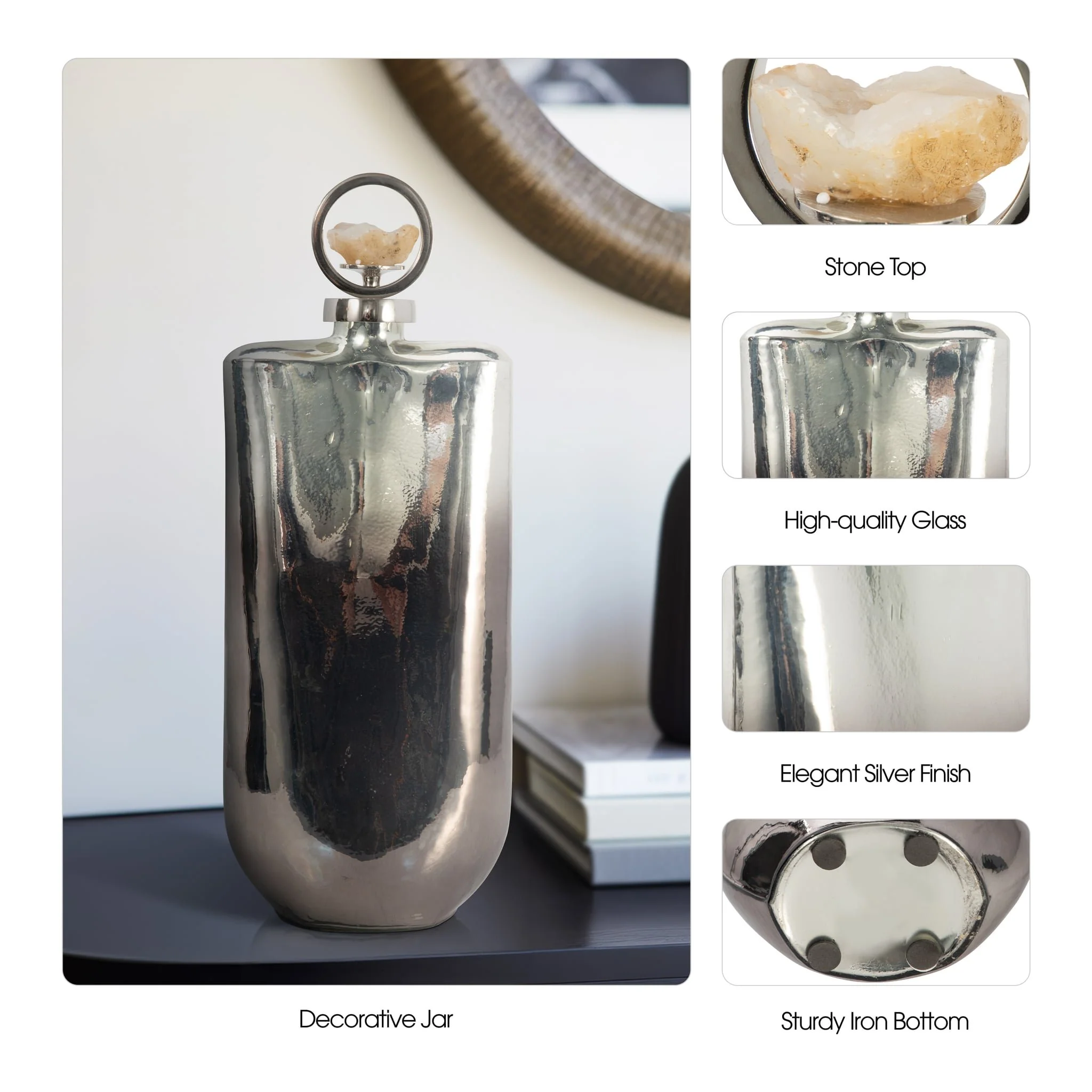 Glass, 19" Metallic Bottle W/ Stone Top, Silver - Image 10