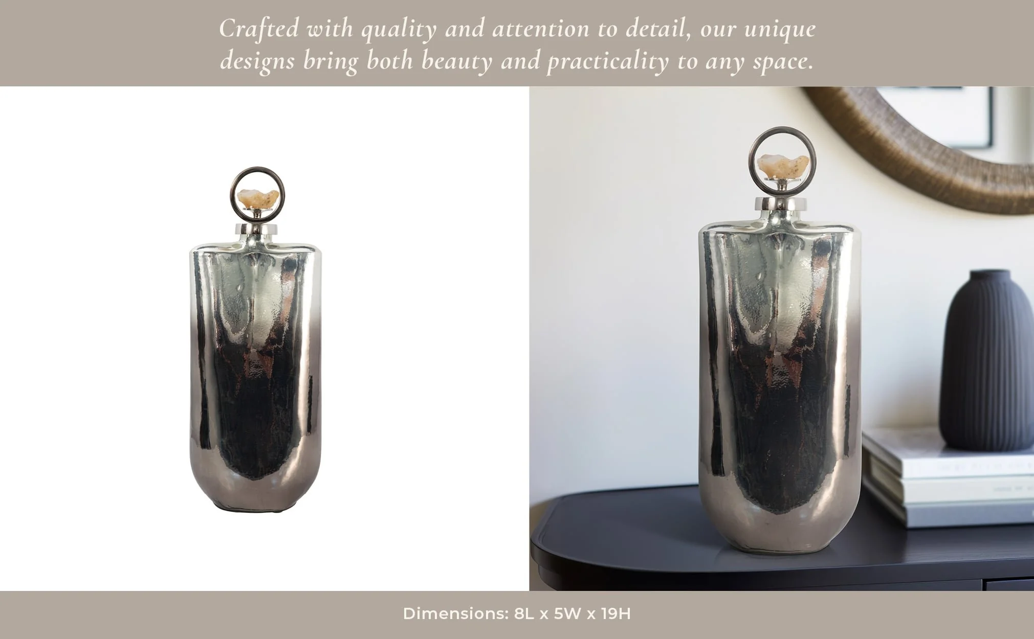 Glass, 19" Metallic Bottle W/ Stone Top, Silver - Image 12