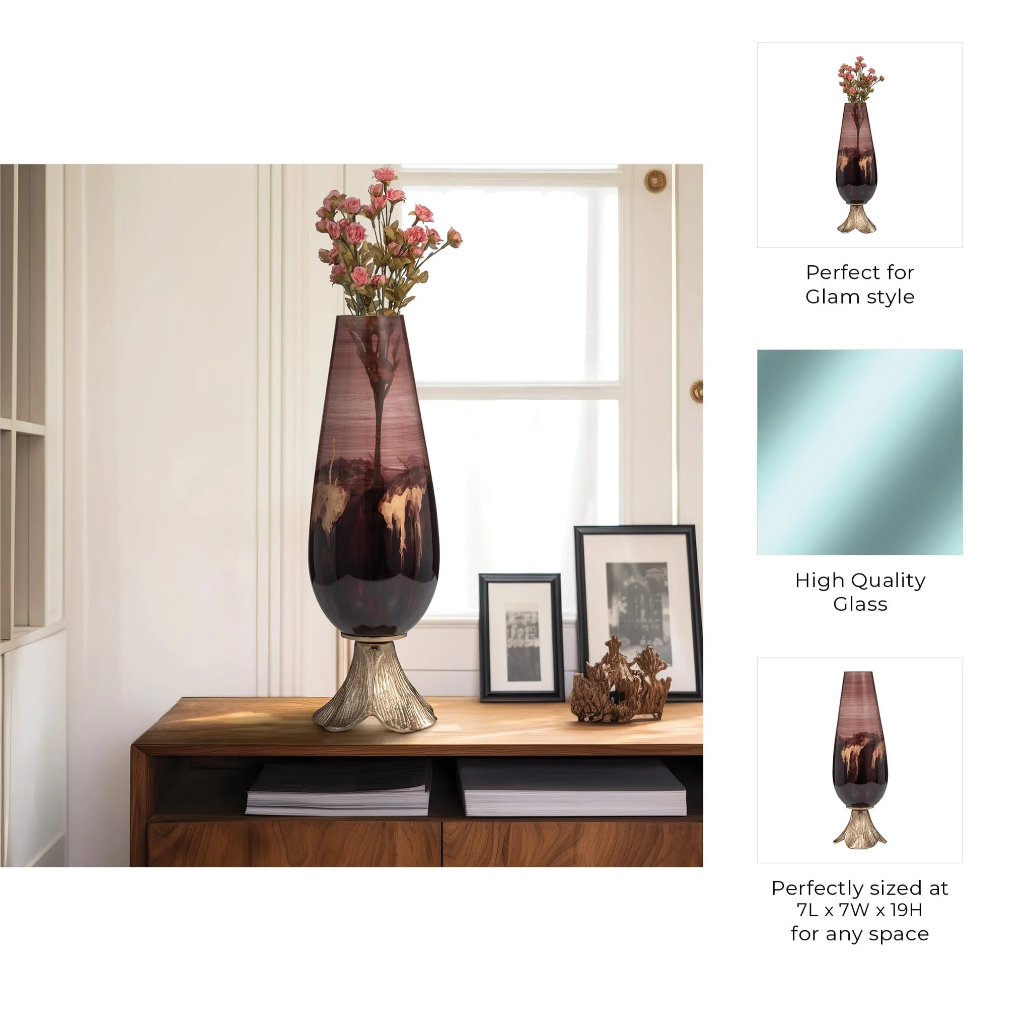 Glass, 19" Vase W/ Leaf Base, Bronze - Image 10
