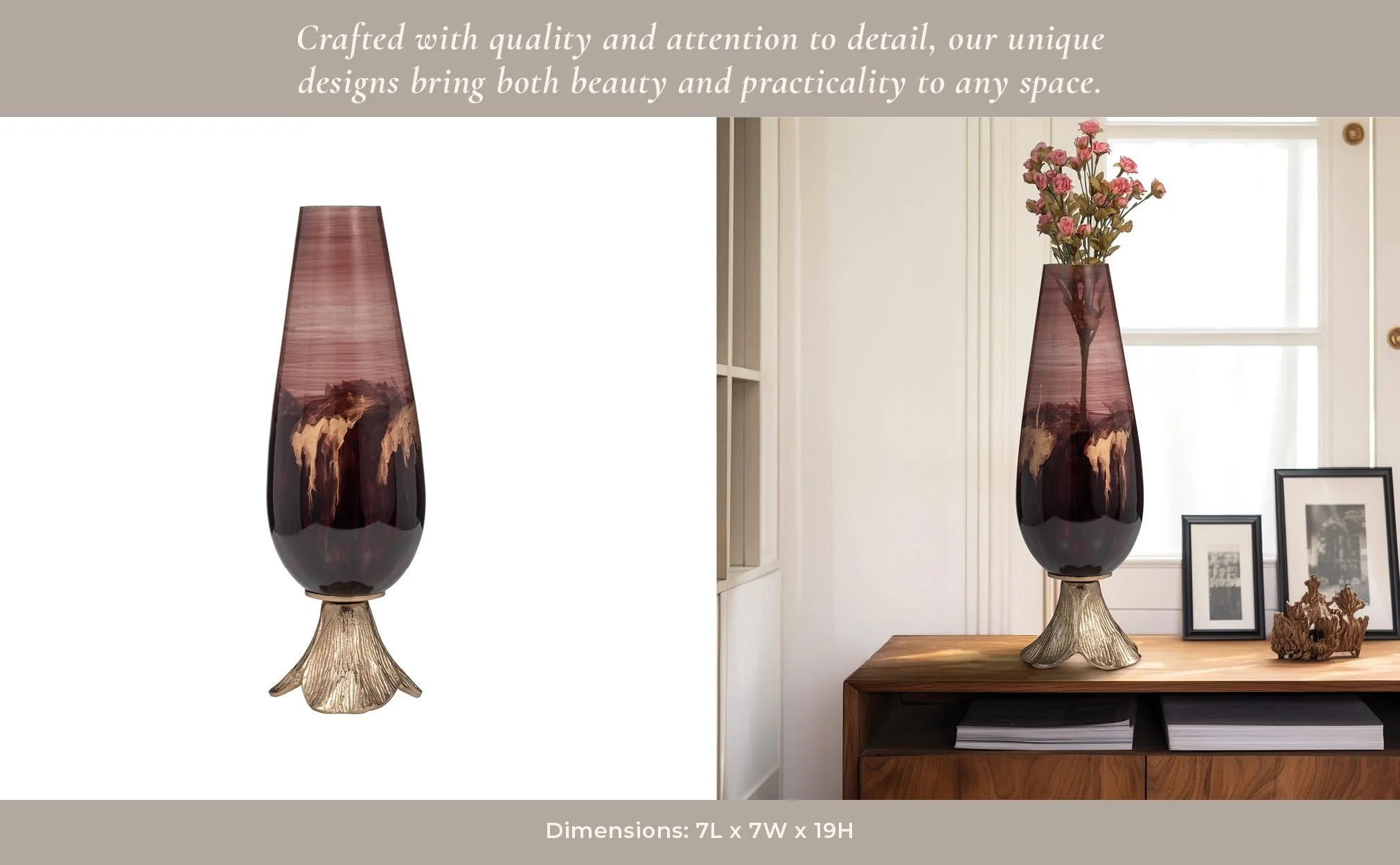 Glass, 19" Vase W/ Leaf Base, Bronze - Image 12