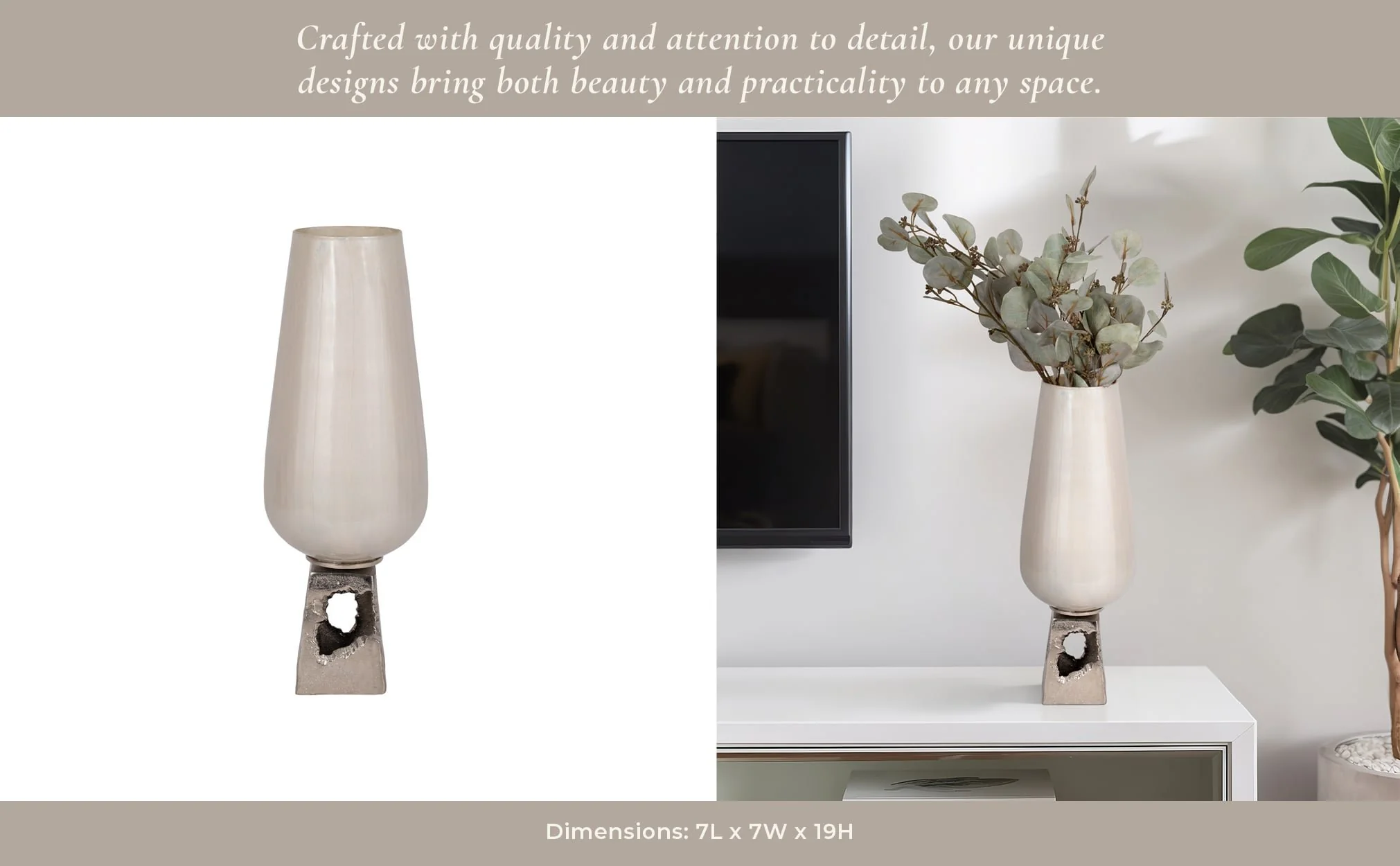 Glass, 19"h Vase W/ Metal Base, Pearl White - Image 12