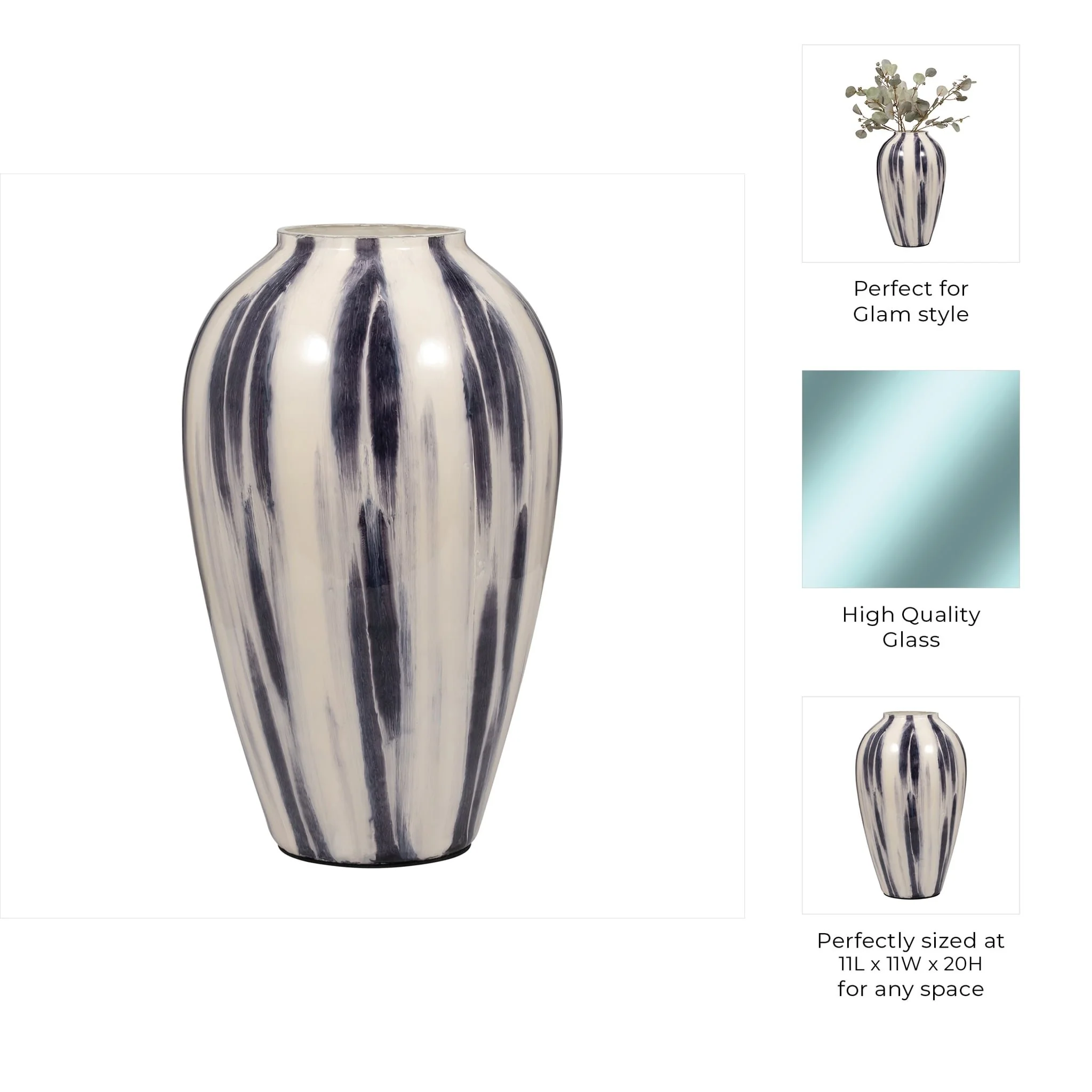 Glass, 20" Striped Vase, Black/white - Image 8