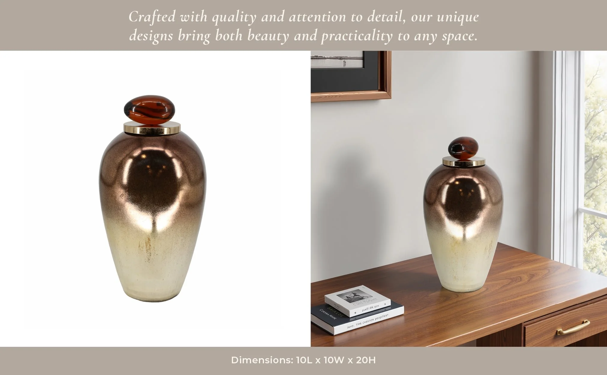Glass, 20" Temple Vase W/ Resin Topper, Copper - Image 12