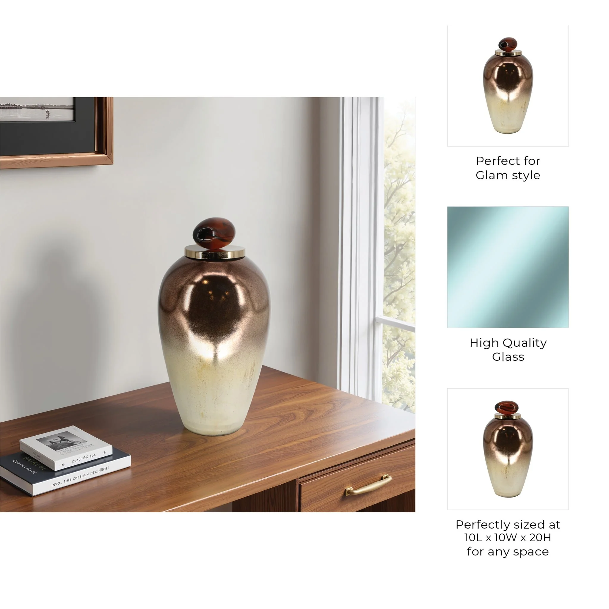 Glass, 20" Temple Vase W/ Resin Topper, Copper - Image 9