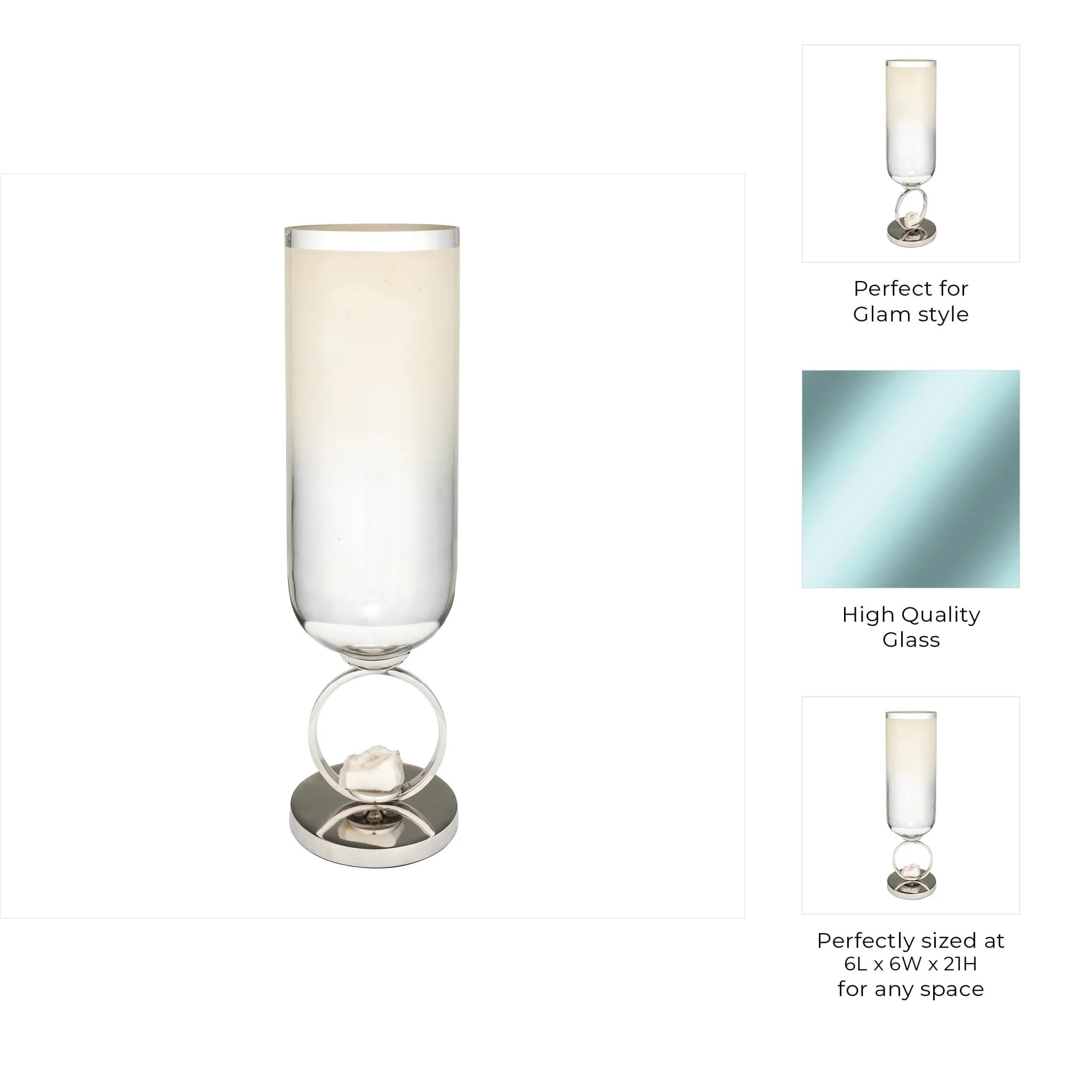 Glass, 21" Vase W/ Metal Base Stone Accent, Pearl - Image 9