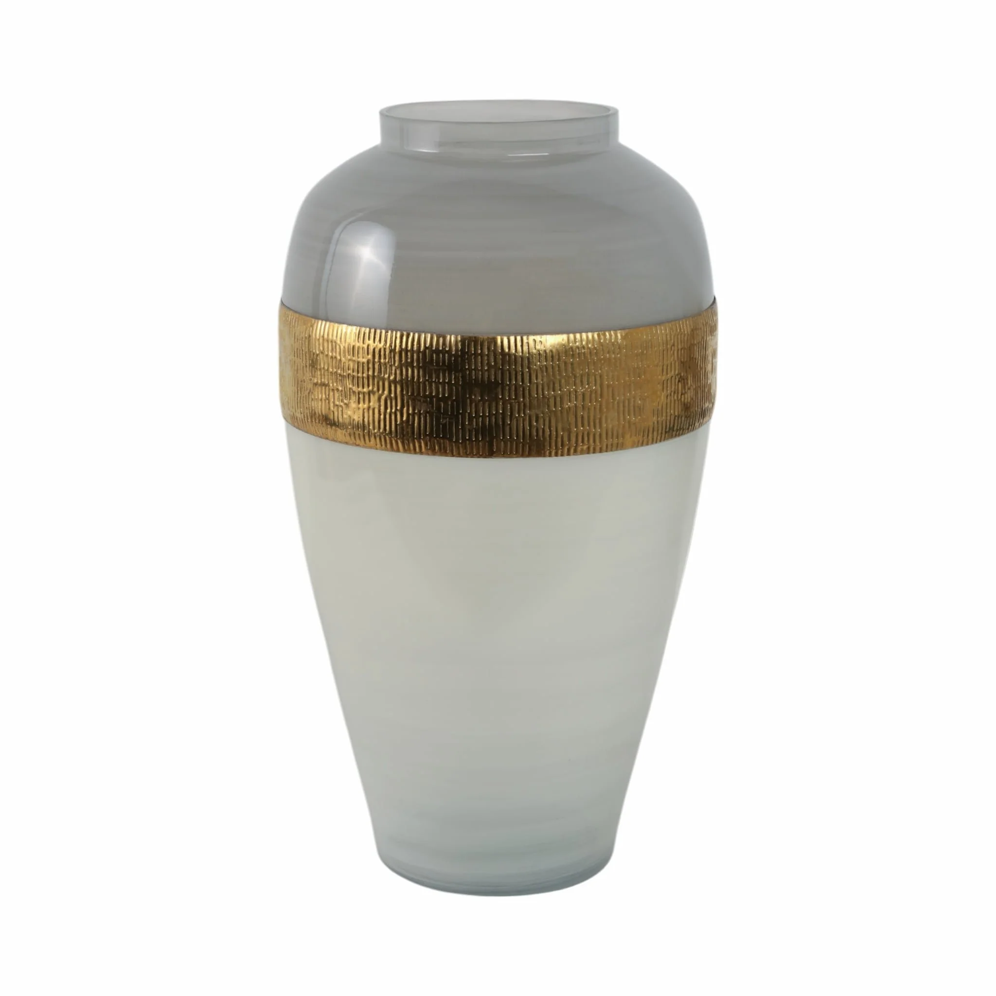 Glass 21"h Ginger Vase W/ Brass Band, White