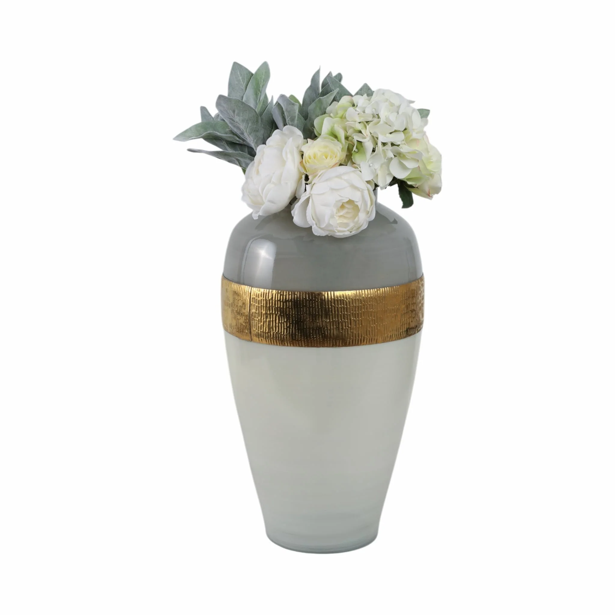 Glass 21"h Ginger Vase W/ Brass Band, White - Image 2