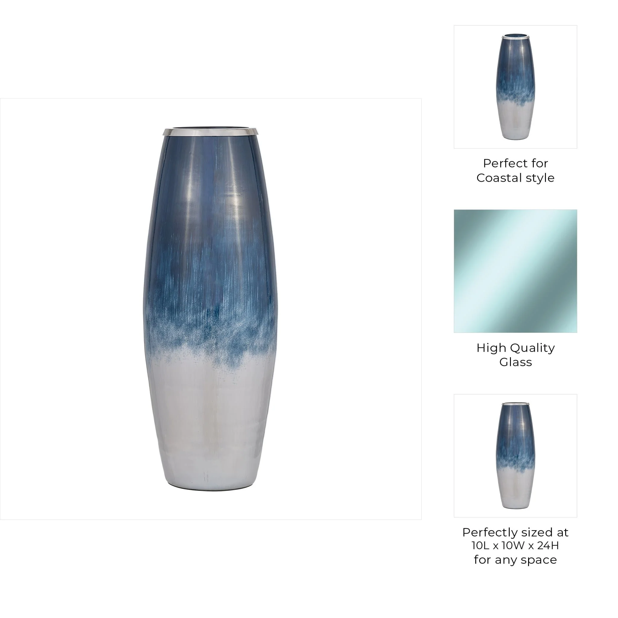 Glass,24"h Vase W/metal Rim, Blue/wht Ombre - Image 8